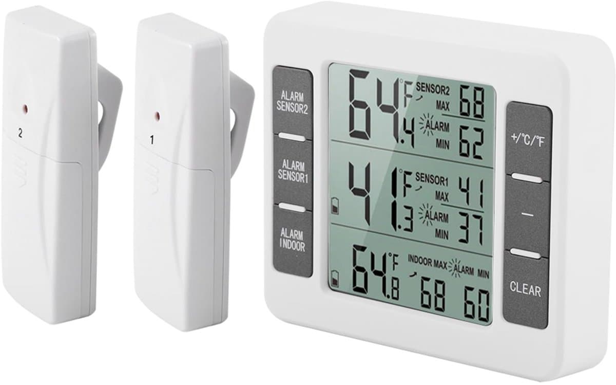 JHUBERS - Digitale koelthermometer - Draadloze thermometer met alarm - Geschikt voor koelkast en vriezer - Betrouwbare temperatuurmeting - Eenvoudi...