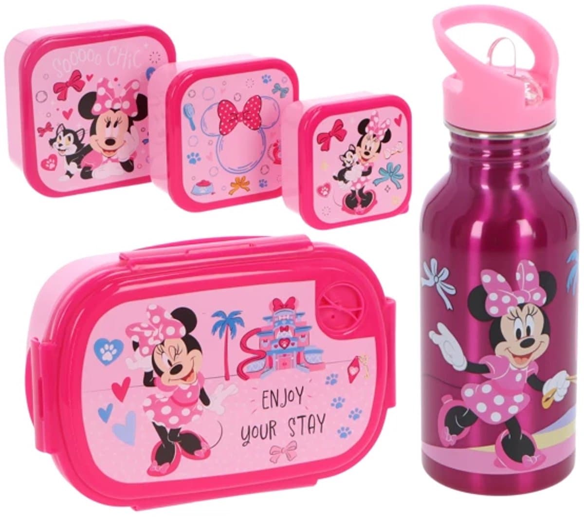 Minnie Mouse Lunchset 5-delig - Drinkfles - Lunchbox - 3 Snackboxen