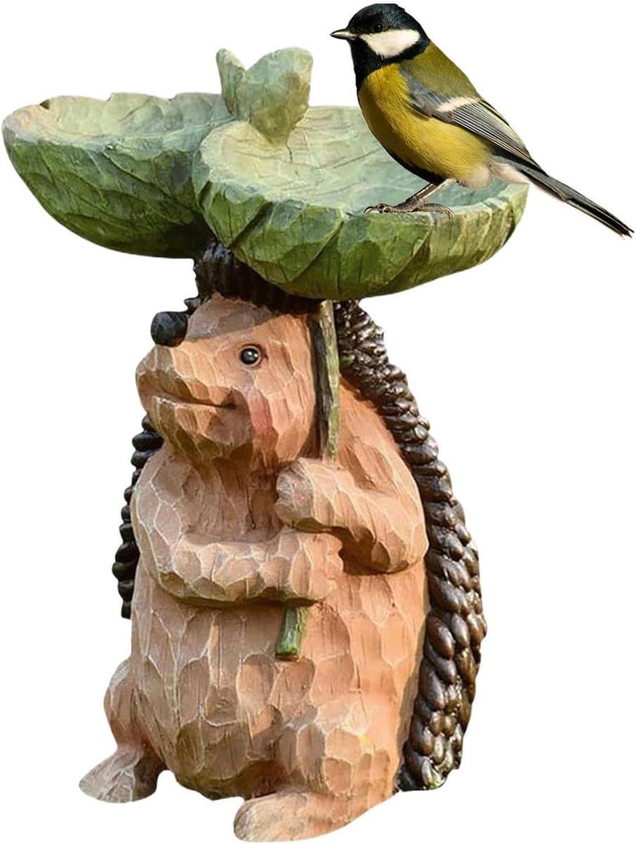 Egel Beeldje - Tuindecoratie Figuur - Vogelbad Creëren - Met Vogelvoeder - 15x10x21 cm - Aardetinten