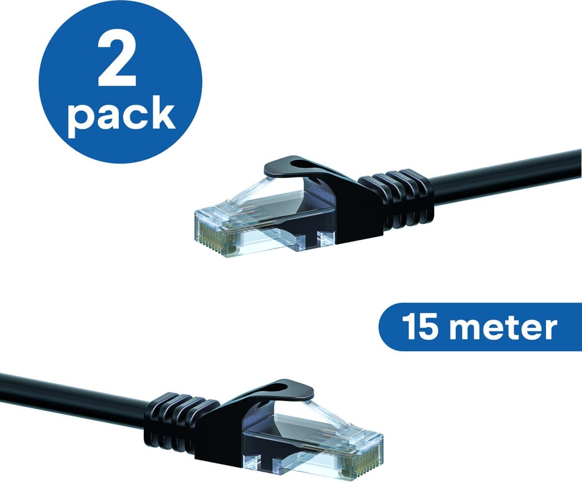 Danicom CAT6 UTP patchkabel - 15 meter zwart - CCA - 2 stuks - netwerkkabel - internetkabel - UTP kabel - RJ45 - 1000 mbit/s
