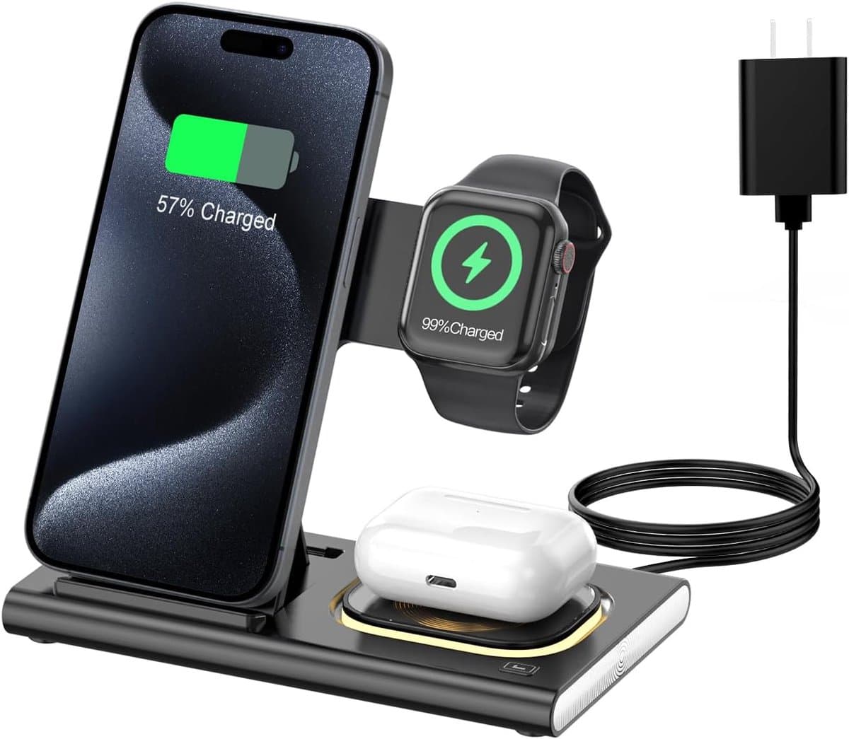 3-in-1 oplaadstation geschikt voor iPhone 17 – Draadloze oplader geschikt voor Apple-apparaten (iPhone 17, 16, 15, 14, 13, 12, 11 Pro Max) – Opvouwbare draadloze oplaadstandaard geschikt voorApple Watch-series en AirPods