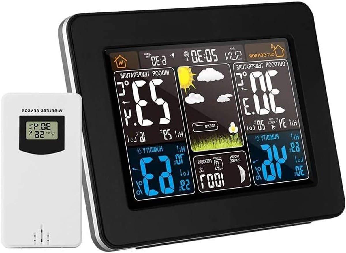 Weerstation Klok - Buitensensor Thermometer - Thuis Weer Monitoren - Kleur LED Display - 60m Bereik - Wit