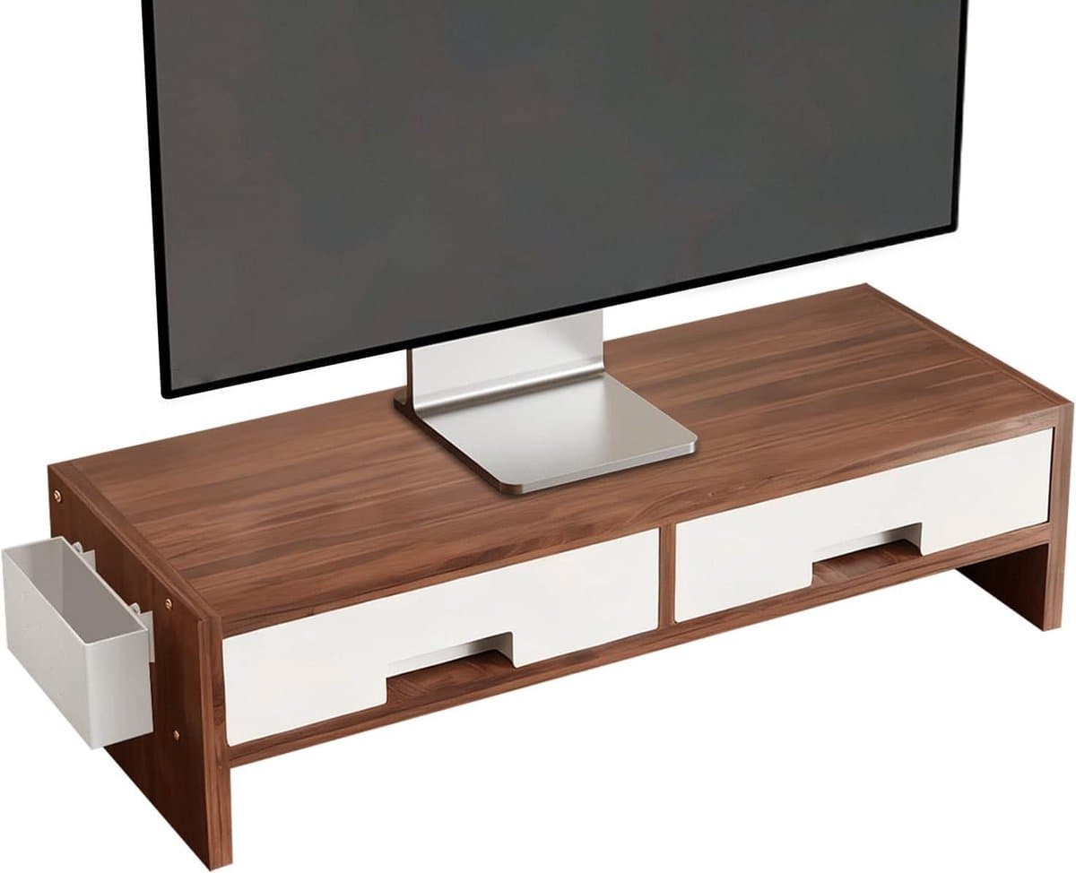 Monitor Verhoger - Bureau Organizer - Werkplek Verbeteren - Dubbele Lade - 135 cm Hoog - Zwarte Walnoot