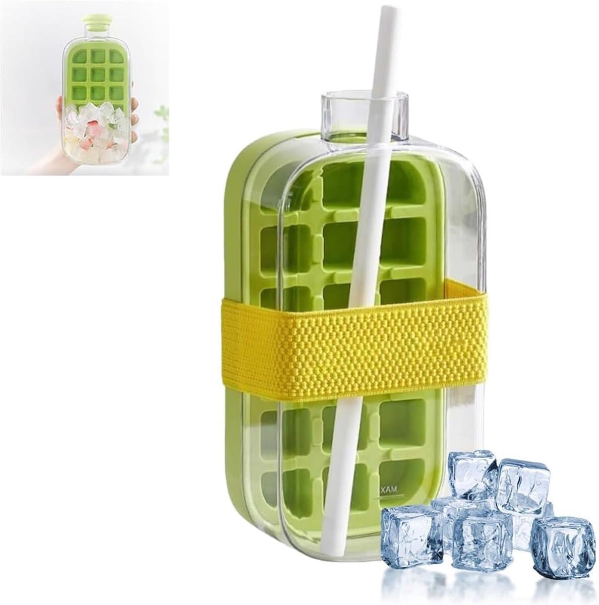 Ice Cup with Straw, 2-in-1 Water Bottle, Ice Cube Tray with Lid and Tray, Ice Cube Bottle for Home, Outdoor, Ice Cubes Making Freezer, Juice Drinks (Green, 800ml)