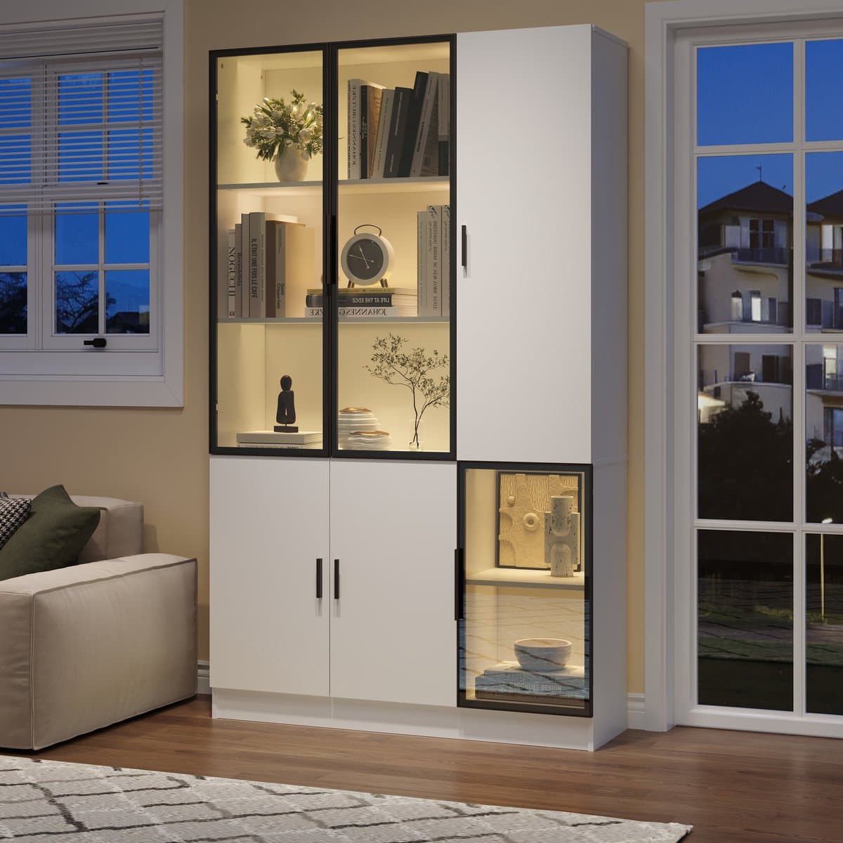 Glasvitrine 120×35×200 cm, glazen kast met 3 deuren, LED-verlichting, aluminium frame glazen deuren, multifunctionele boekenkast en opbergkast – Wit