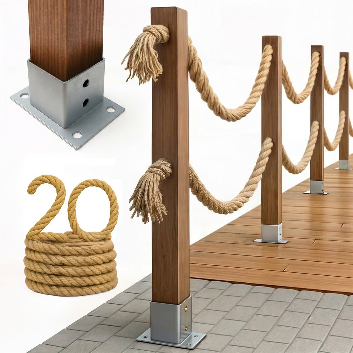 BOGATECO Nautische Touwomheining 20m - Houten Afzetting met Dubbel Jute Touw - Inclusief Paalhouders & Montagekit - 13 Maten Beschikbaar - Geïmpregneerd Grenen - Donkerbruin