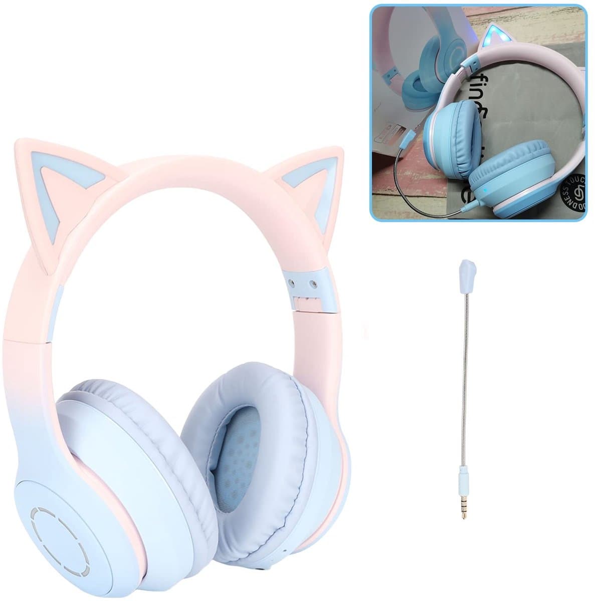 Dailygoody - Cat Ear-koptelefoon - Draadloze Gaming-headsets - Opvouwbare Hoofdtelefoon - Blauw - LED-verlichting - Geschikt voor Meisjes - 7 Kle