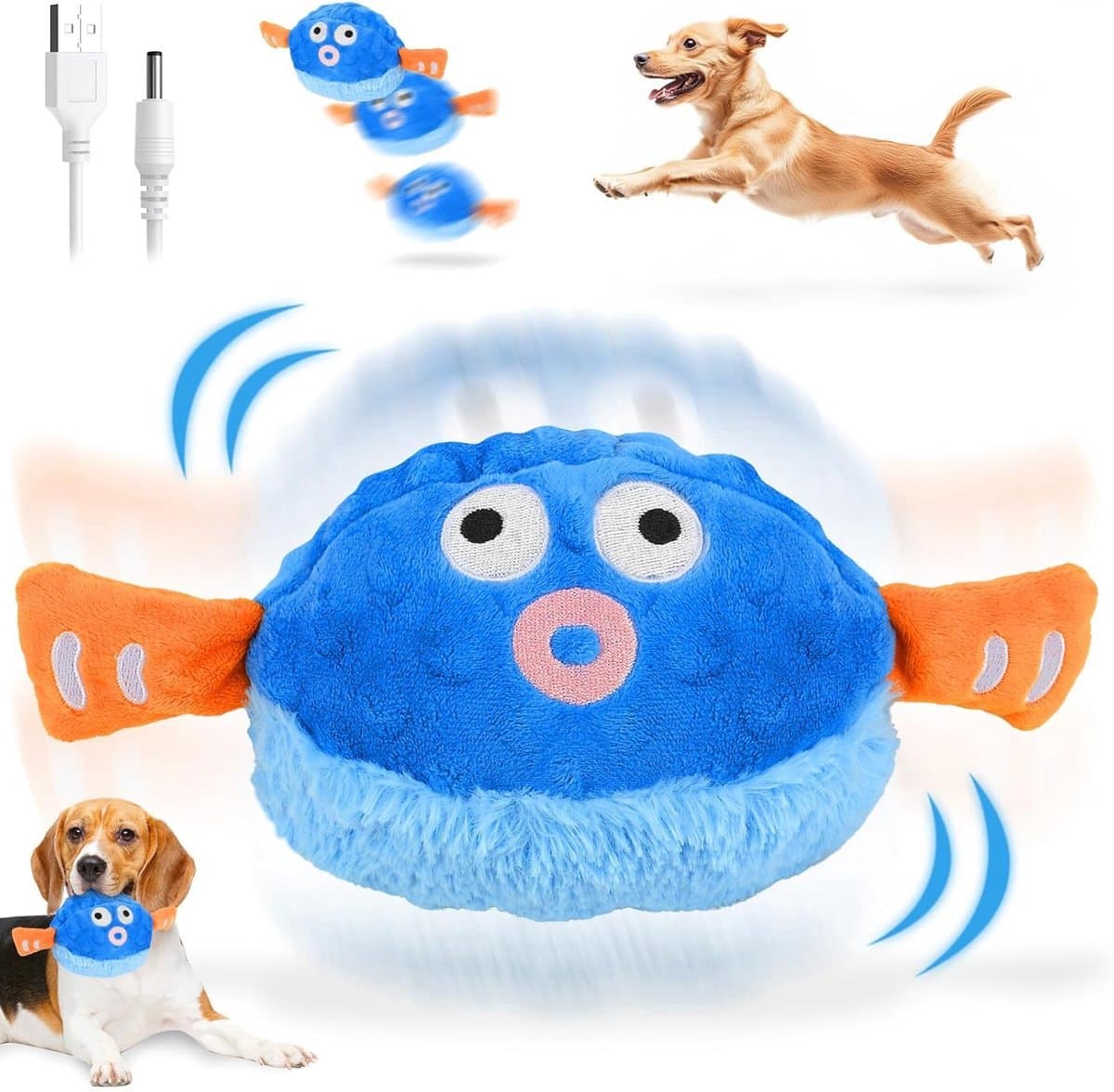 Interactief huisdierspeelgoed – Elektrische pluche bal – Schattig kogelvisontwerp – Met geluids- en roleffecten – Bijtbestendige stoffen hoes – USB-oplaadbaar – Geschikt voor katten en kleine tot middelgrote honden