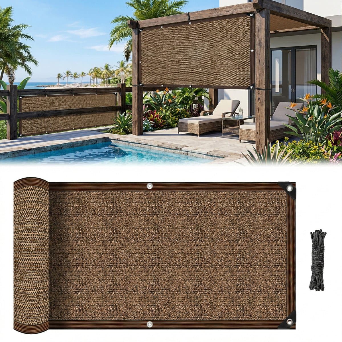 Qelus 200x200cm Balkonscherm & Privacyscherm - Premium Zichtbreeknet HDPE - 95% UV-Bescherming Winddoek voor Tuinafscheiding en Terras - Met Roestvrije Aluminium Ringen - Koffiebruin