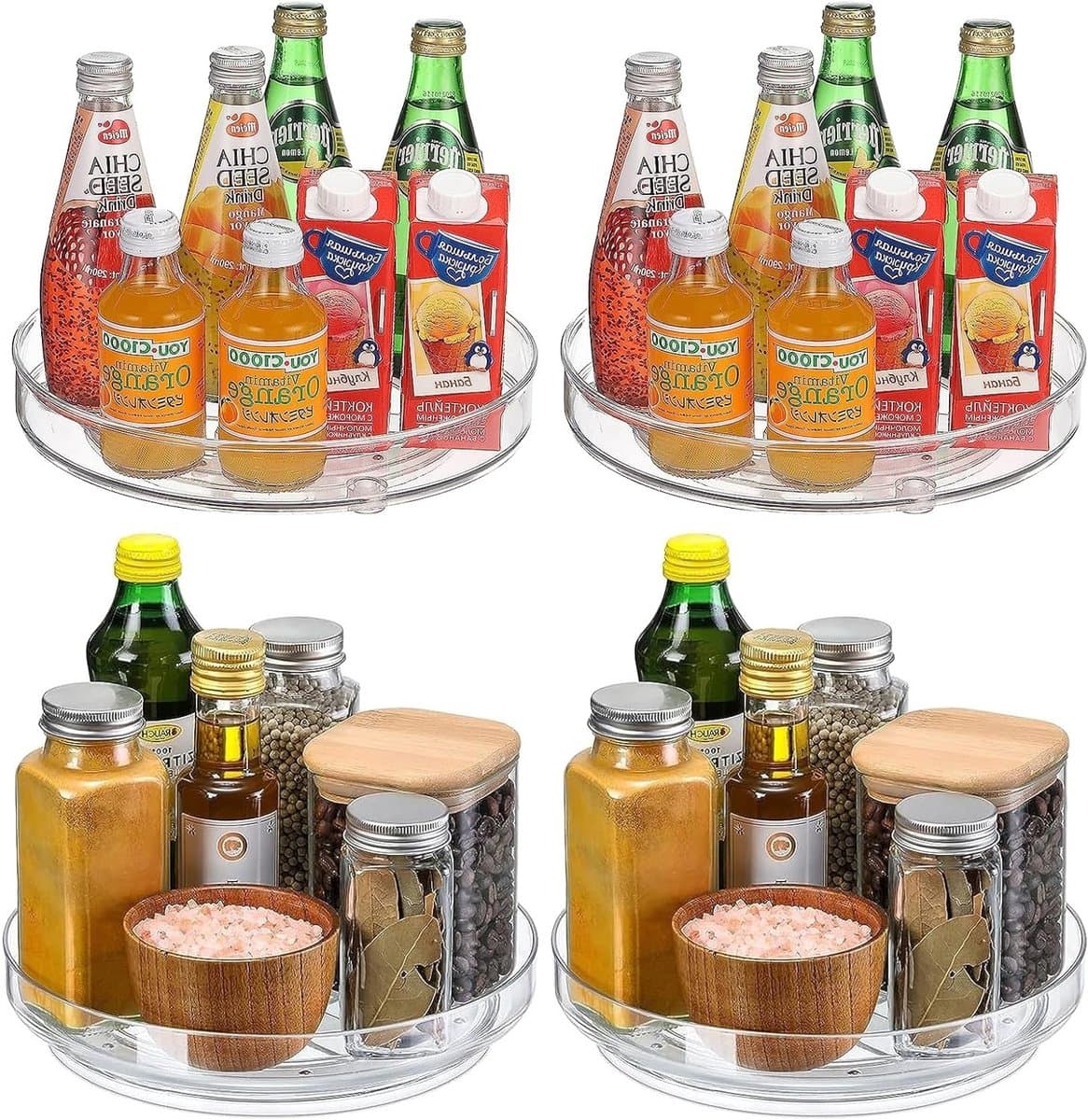 Lazy Susan Draaischijf Set van 4, 360° Rotatie Organiser voor Koelkast, Keukenopslag en Kruidensystemen (2 x 27 + 2 x 23.5 cm)