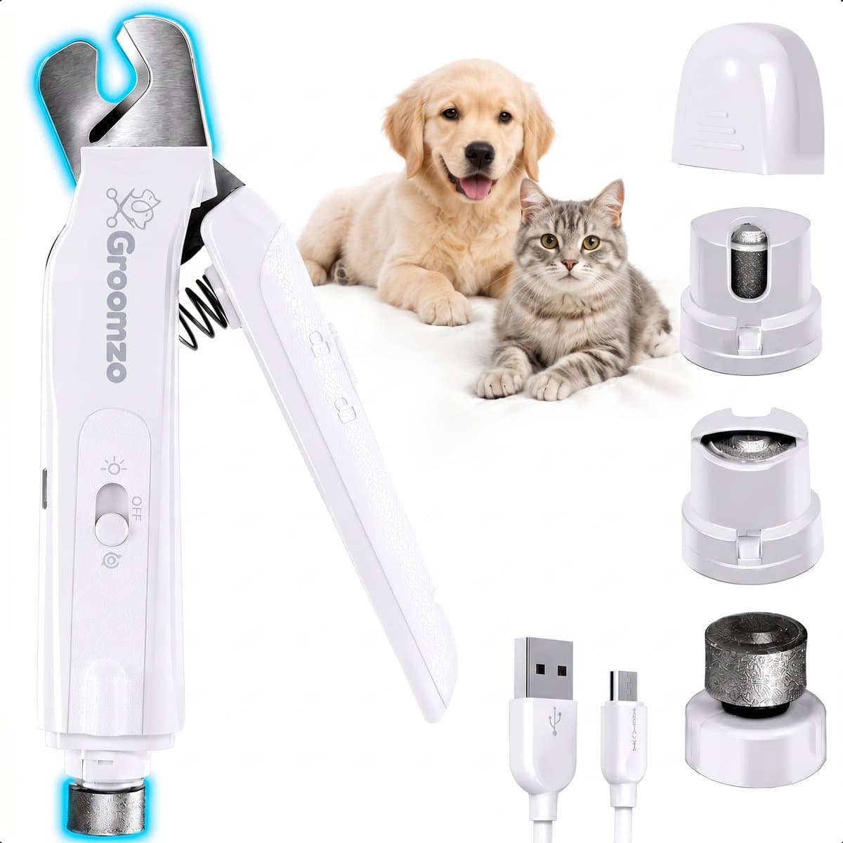Elektrische Nagelvijl met Opvangbakje – 4u Draadloos – Stil 45 dB – Nagelknipper Hond en Kat – Elektrische Nagelknipper Hond met Lampje - Wit – Groomzo