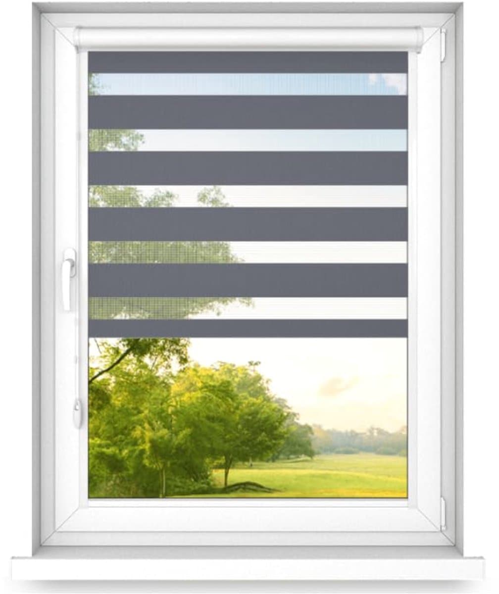 time4blinds - Dubbele Rolgordijnen Zonder Boren - Zebra-Rolgordijnen voor Ramen en Deuren - om te Plakken, met Aluminium Cassette, Lichtdoorlatende Stof - Staal, 1600x600, Rechts