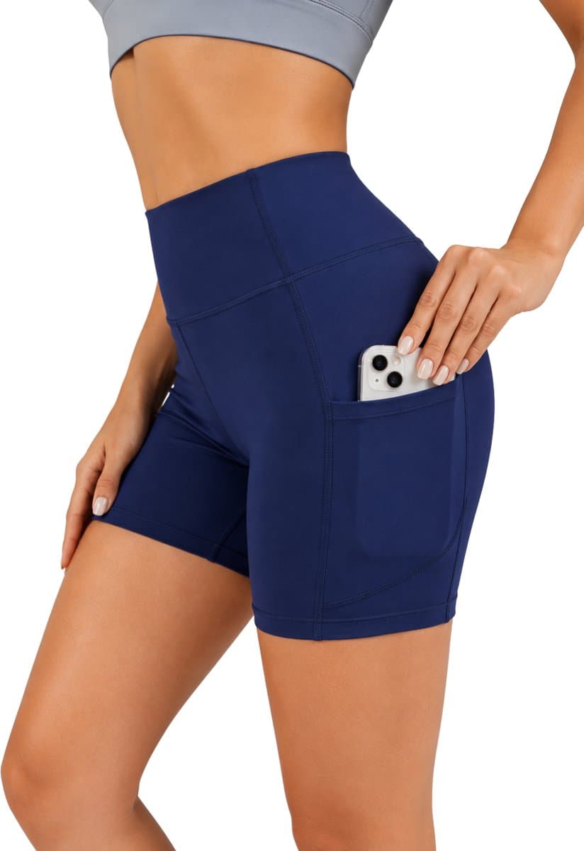 SparkNine Pace dames short - fitness - korte sportbroek - XXL - blauw - hoge taille - met zakken - elastisch - squatproof