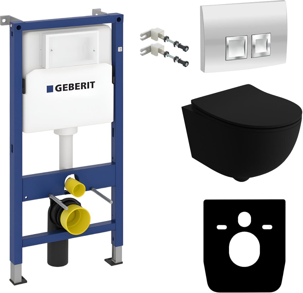 GEBERIT LAVITA BRAVA BLACK - Inbouwreservoir - Chromen drukplaat - Rimless wandcloset - Toilet set - Mat Zwart WC