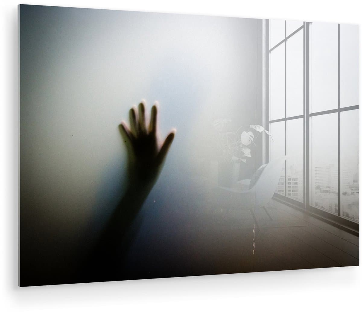 ® Glasschilderij 90x60 cm - Schilderij acrylglas - Zwart-wit foto van een hand van een spook - Foto op glas - Muurdecoratie woonkamer - Wanddecoratie slaapkamer - Schilderijen