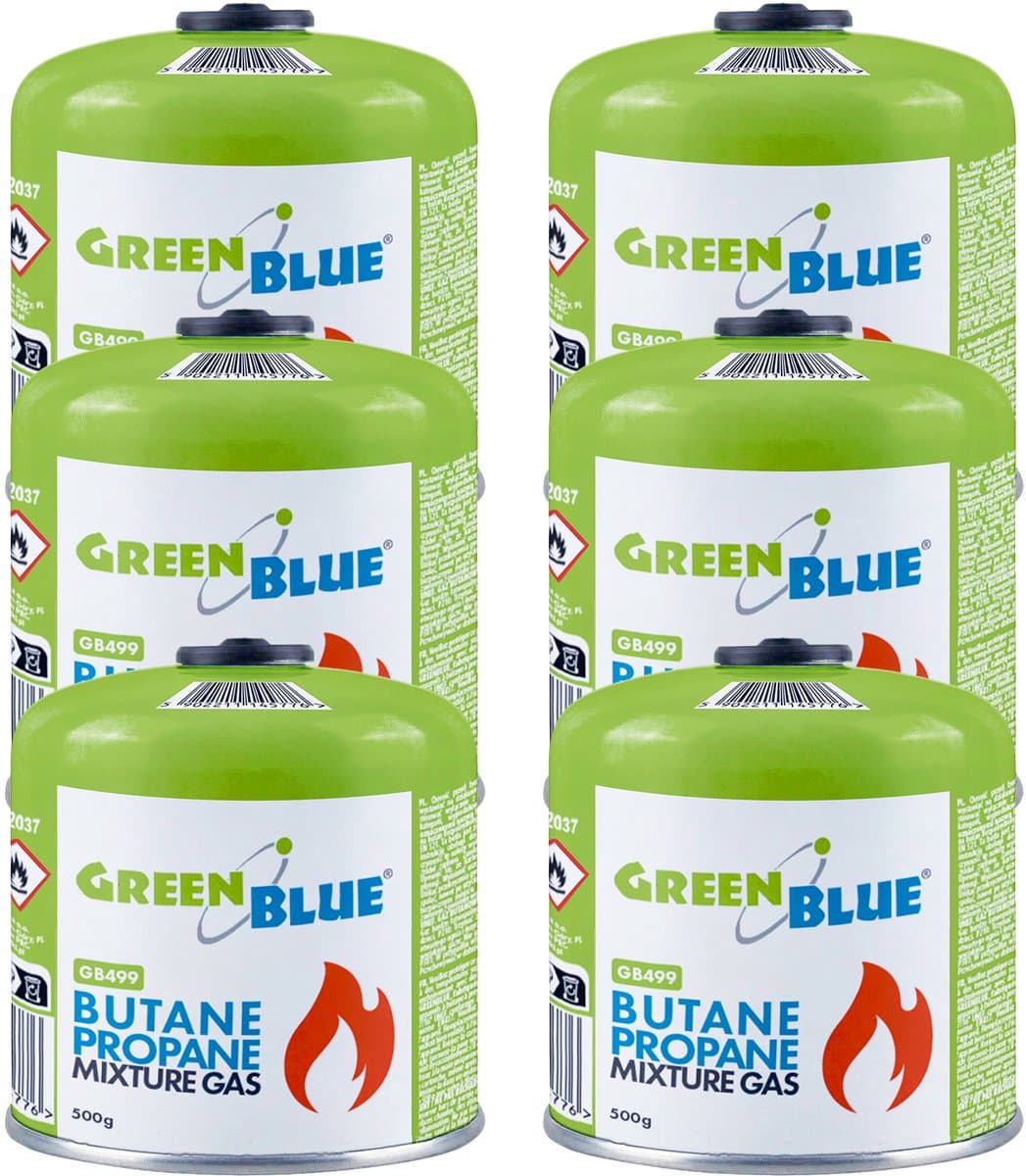 GreenBlue - Gasflessen 6 stuks - Gaspatroon van 500 g. Certificaat: Pi 0437, conform EN 417, butaan-propaan, temperatuurbereik -10 °C tot +40 °C, schroefdraadventiel 7/16'' GB499