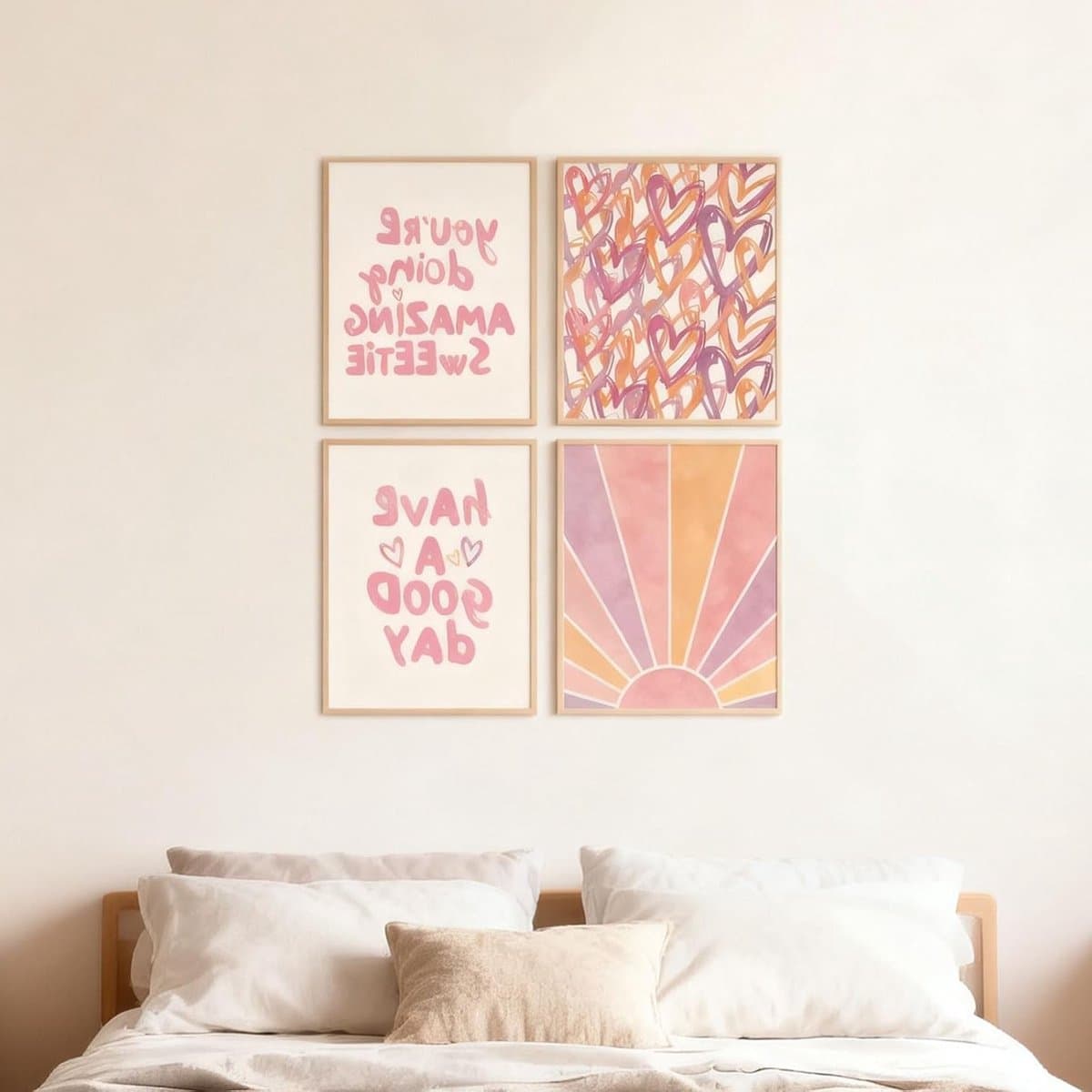 Set van 4 Esthetische Roze Wanddecoraties en Kunstafdrukken met Pastel Motieven voor Woonkamer en Slaapkamer, 30 x 40 cm, zonder lijst, Perfect voor Interieurdecoratie