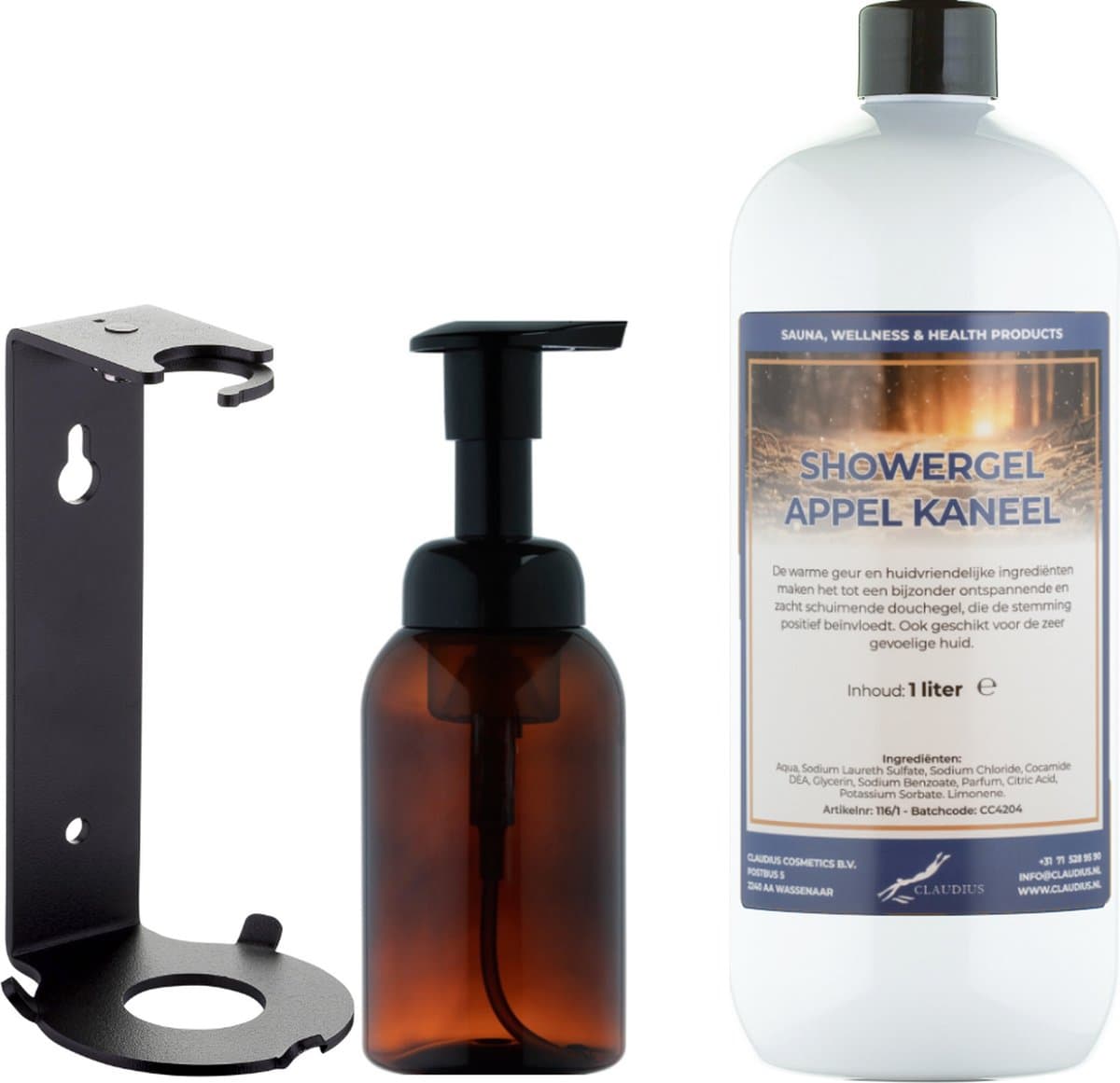Zeepdispenser 300 ml amber bruin hervulbaar + 1 liter Showergel Appel-Kaneel navulling (inclusief beugel)