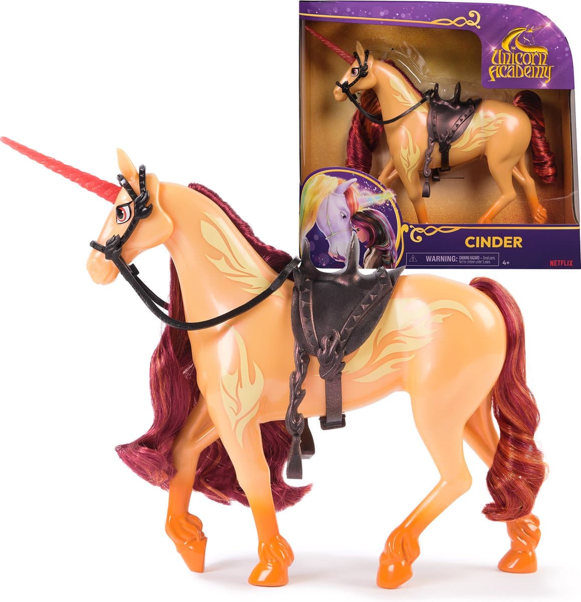 Unicorn Academy Cinder speelfiguur met 2 rijdaccessoires - 28 cm, multikleur