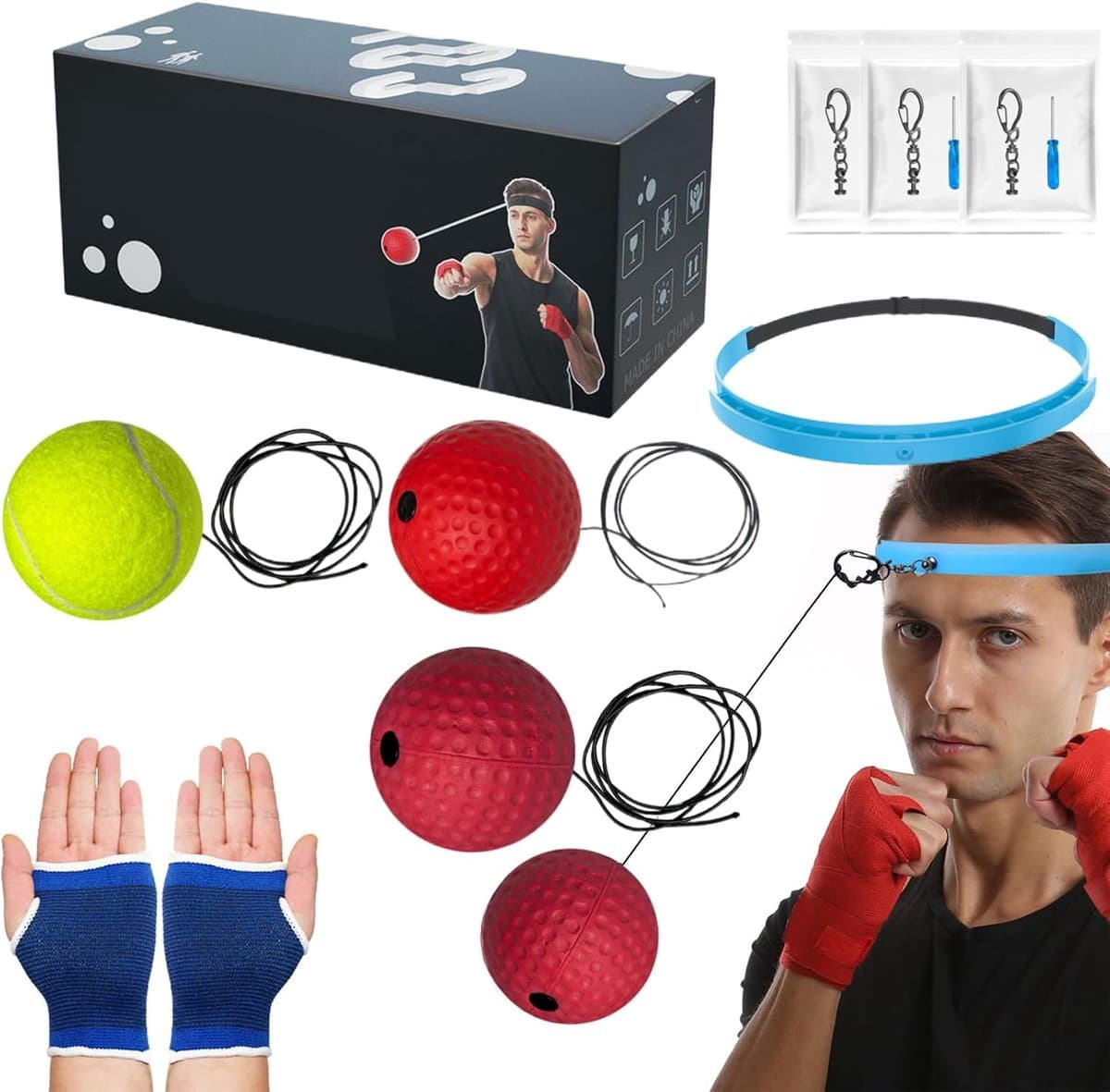 Boksbal met hoofdband - Bokstrainingsbal - Verbeteren reactiesnelheid - Drie verschillende ballen - 6 cm bal diameter - Zwart en Rood