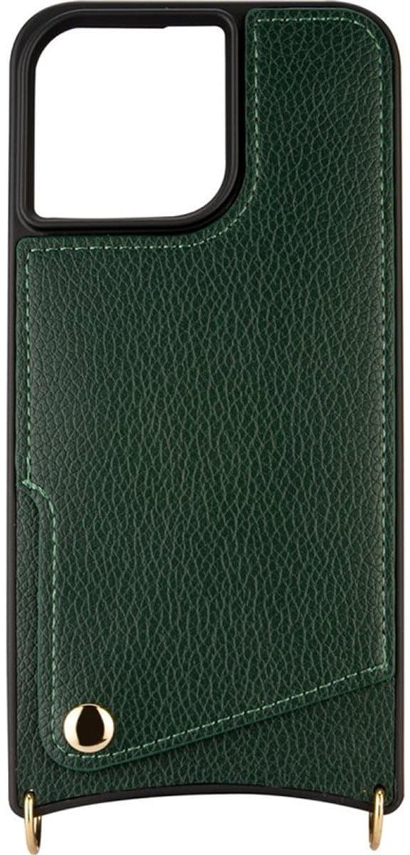 CaseBoutique Backcase hoesje geschikt voor iPhone 15 - Effen Donkergroen - Kunstleer - met Crossbody Koord & Pashouder