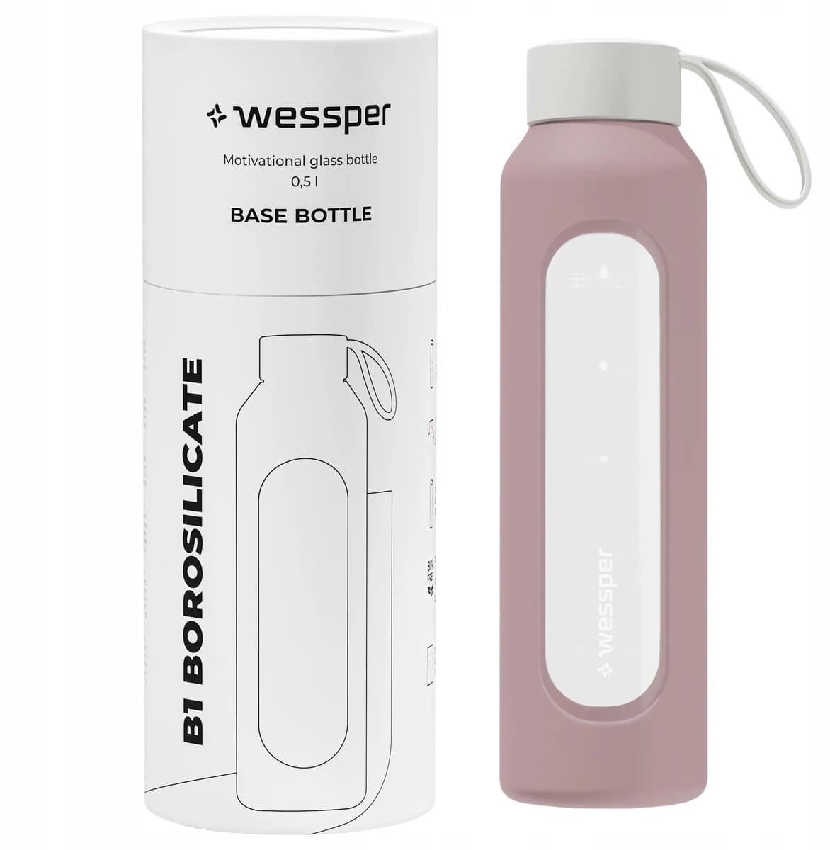 Glazen Motivatiefles 500ml – Duurzame Waterfles in Dusty Rose