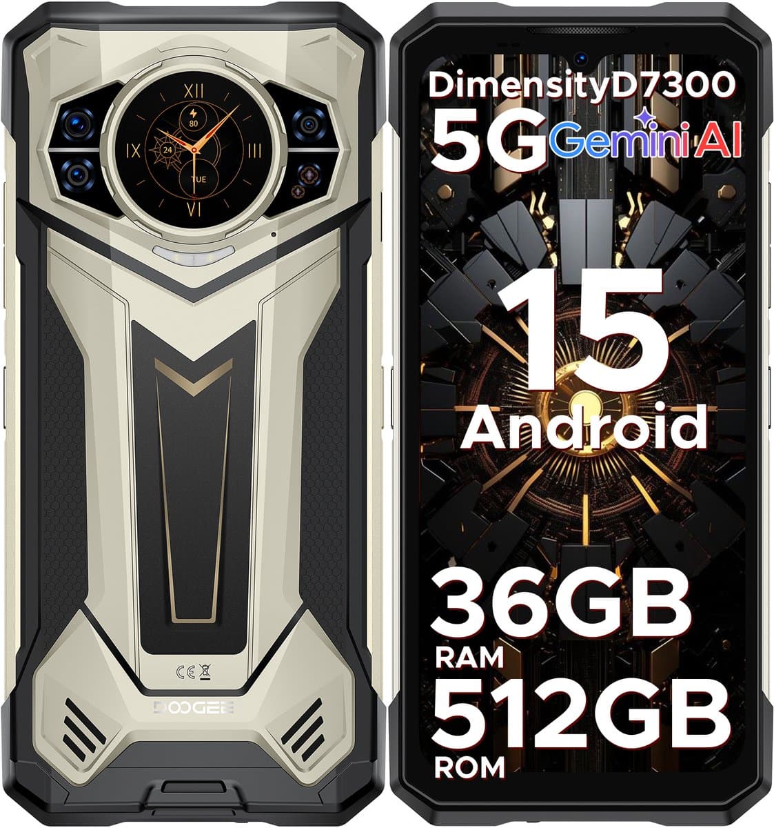 DOOGEE S200 PLUS 5G - Robuuste Smartphone - Robuuste Telefoon - 36 GB RAM + 512 GB ROM /2TB TF - Android 15 - 11100 mAh/33W - Dimensity 7300 - 6,72 inch + 120 Hz - Face ID - NFC - Bluetooth 5.4 -1.32" ronde AMOLED display - Goud