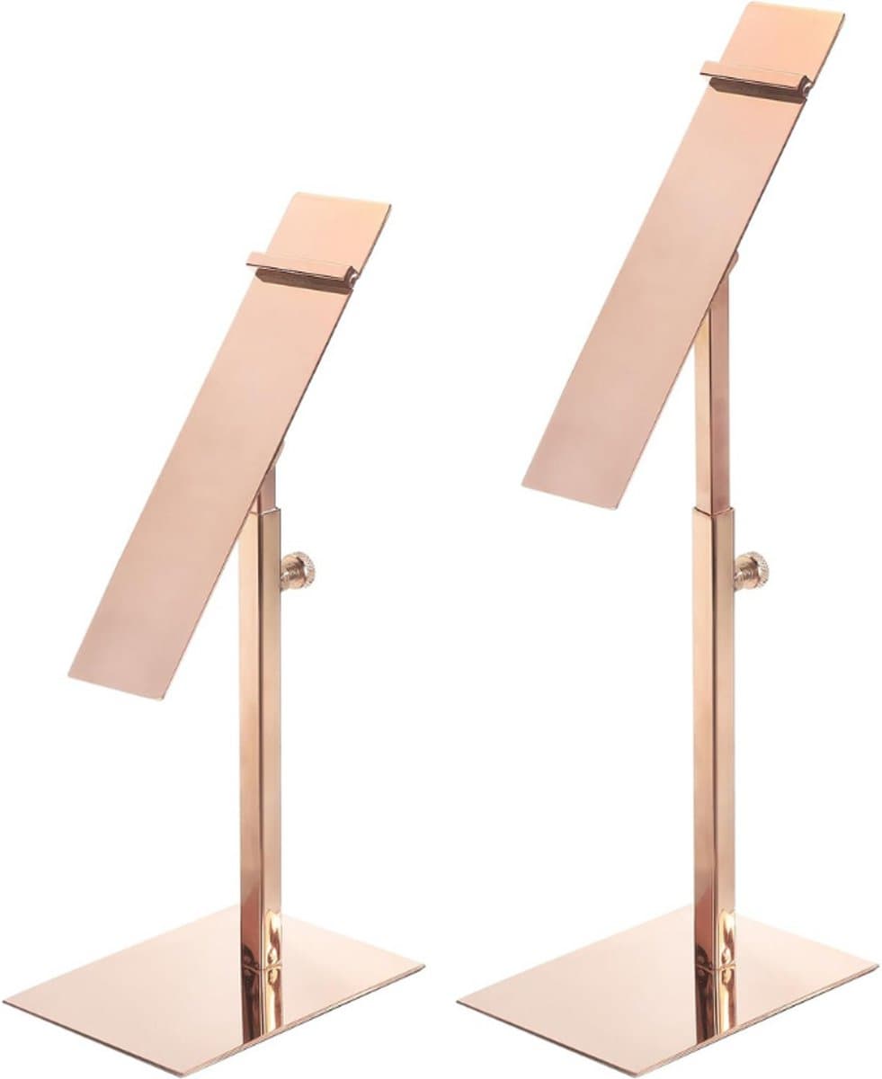 Schoenen Display Standaard Set Van 2 – Verstelbare Hoogte 22.5 Tot 32.5 Cm – Metalen Schoenenhouder – Rose Goud – Ideaal Voor Thuis Winkel En Etalage Presentatie