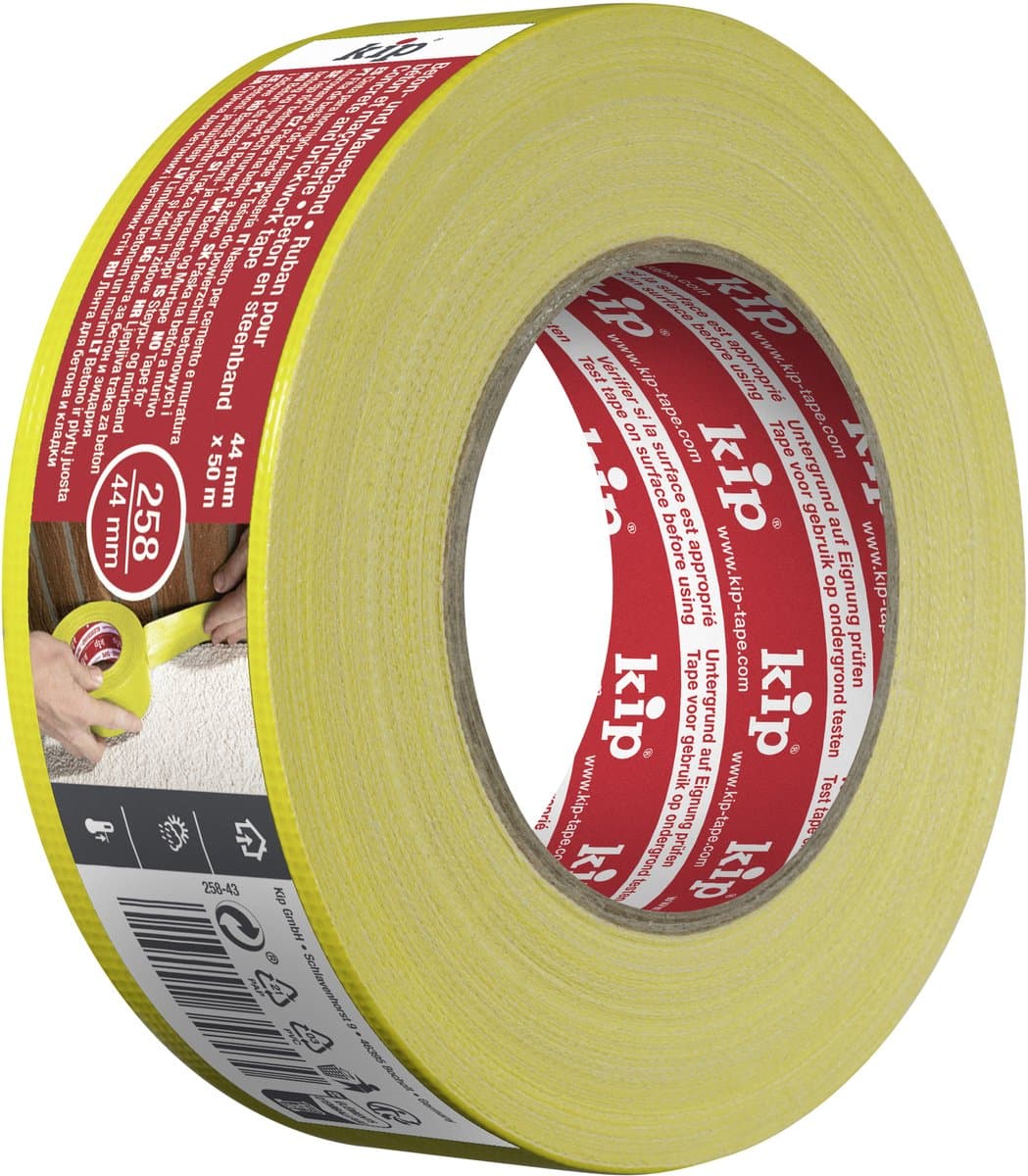 Kip Beton-/Muurtape Duct Tape - Textieltape - Geel 44 mm x 50 m voor ruwe ondergronden zoals steen en beton - Waterafstotend 32 Mesh weefsel met sterke rubberlijm en UV-filter - Temperatuurbestendig van -55°C tot 65°C voor binnen en buiten