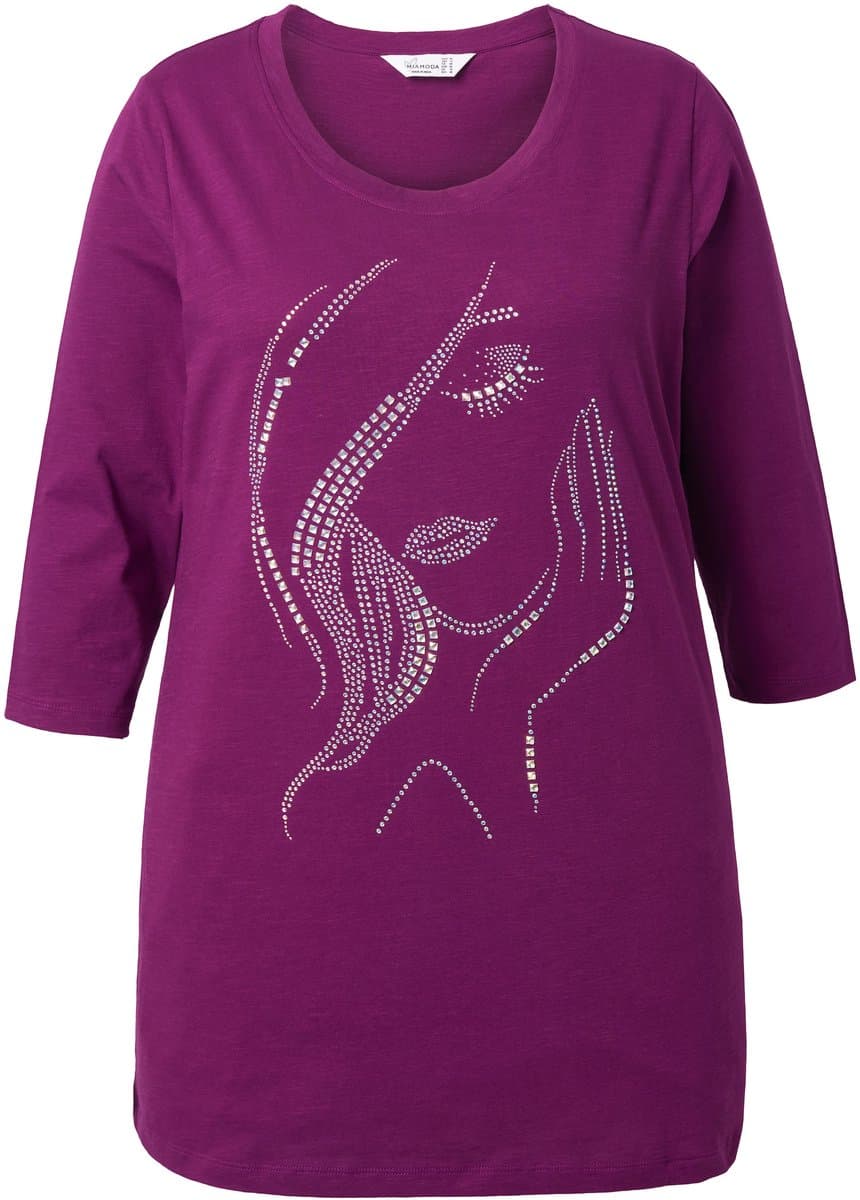 MIAMODA - Dames - T-shirt classic fit vrouwen glittermotief - Bessenroze - Maat 48