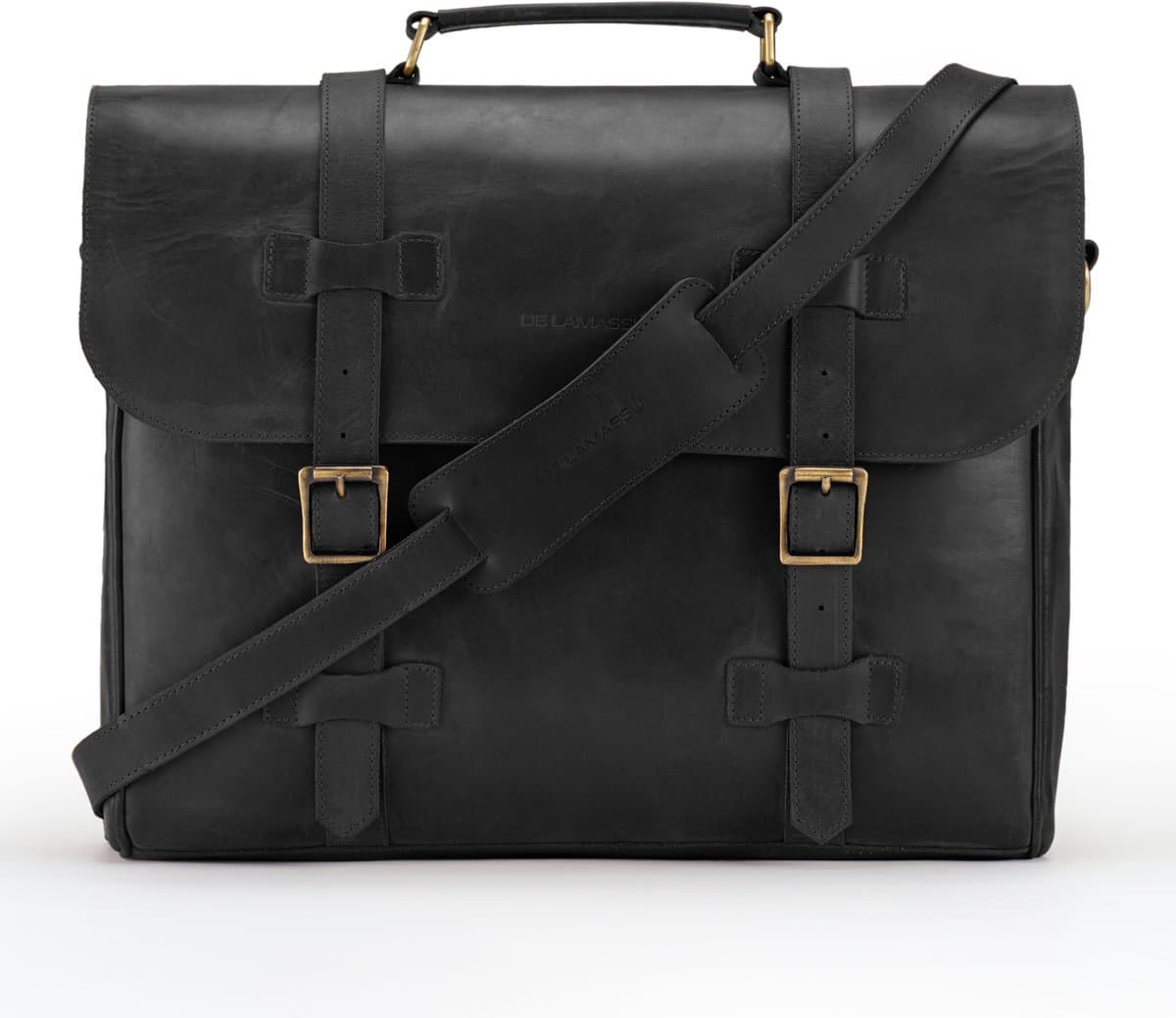DE LAMASSU® Bastien Leren Aktetas 17 inch – Unisex Business Laptoptas van Volnerf Rundleer – Vintage Werktas met Dubbele Gesp
