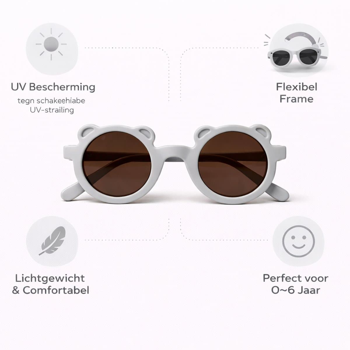 Kinderzonnebril met Berenoortjes – Rond – UV Bescherming – Flexibel – 0-6 Jaar – Grijs