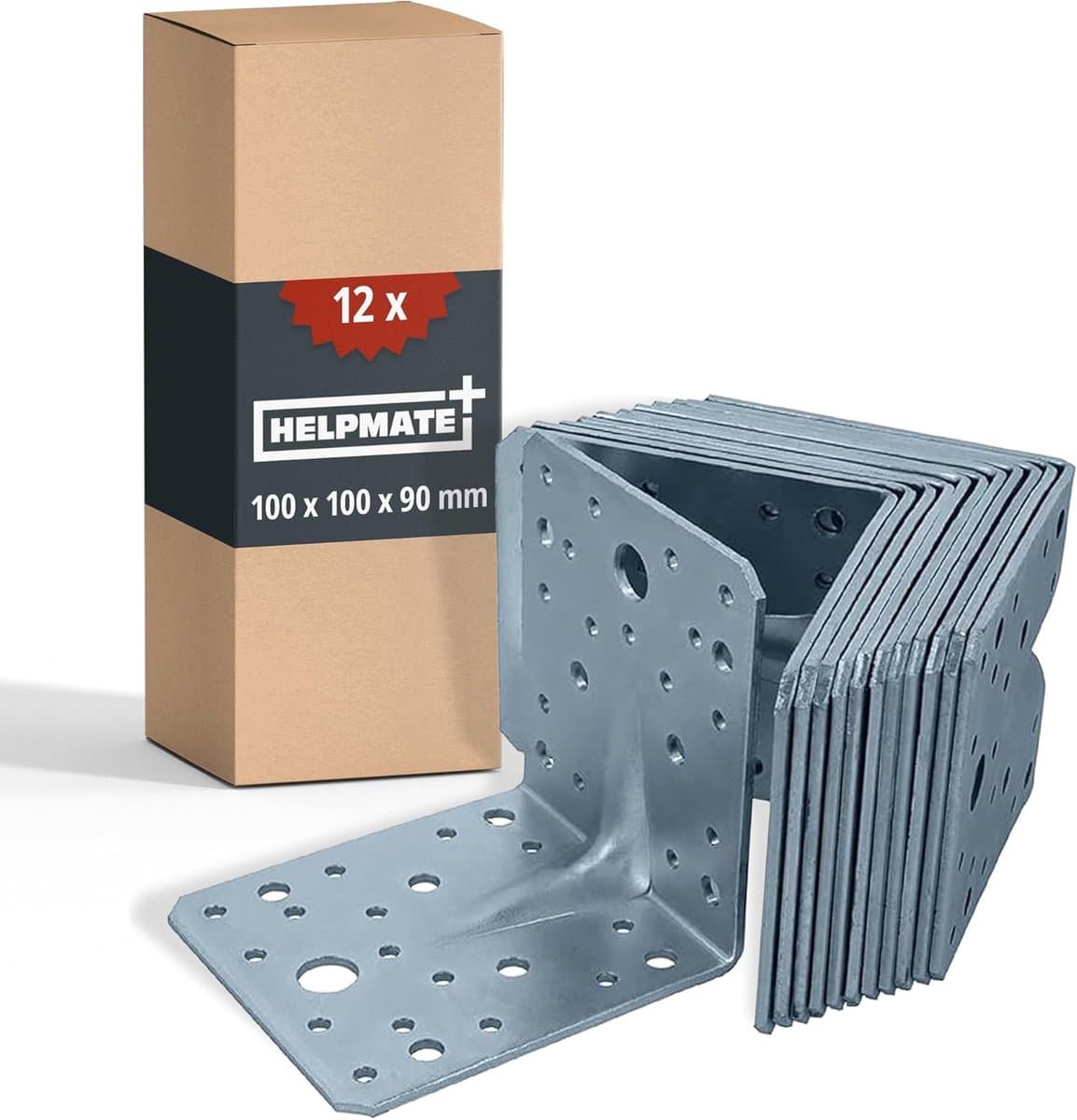 HELPMATE – 12 stuks geperforeerde plaatbeugels 100x100x90 mm – hoekverbinders galvanisch verzinkt & blauw gepassiveerd – houtverbinders met uitstekende corrosiebescherming – geperforeerde hoekbeugels