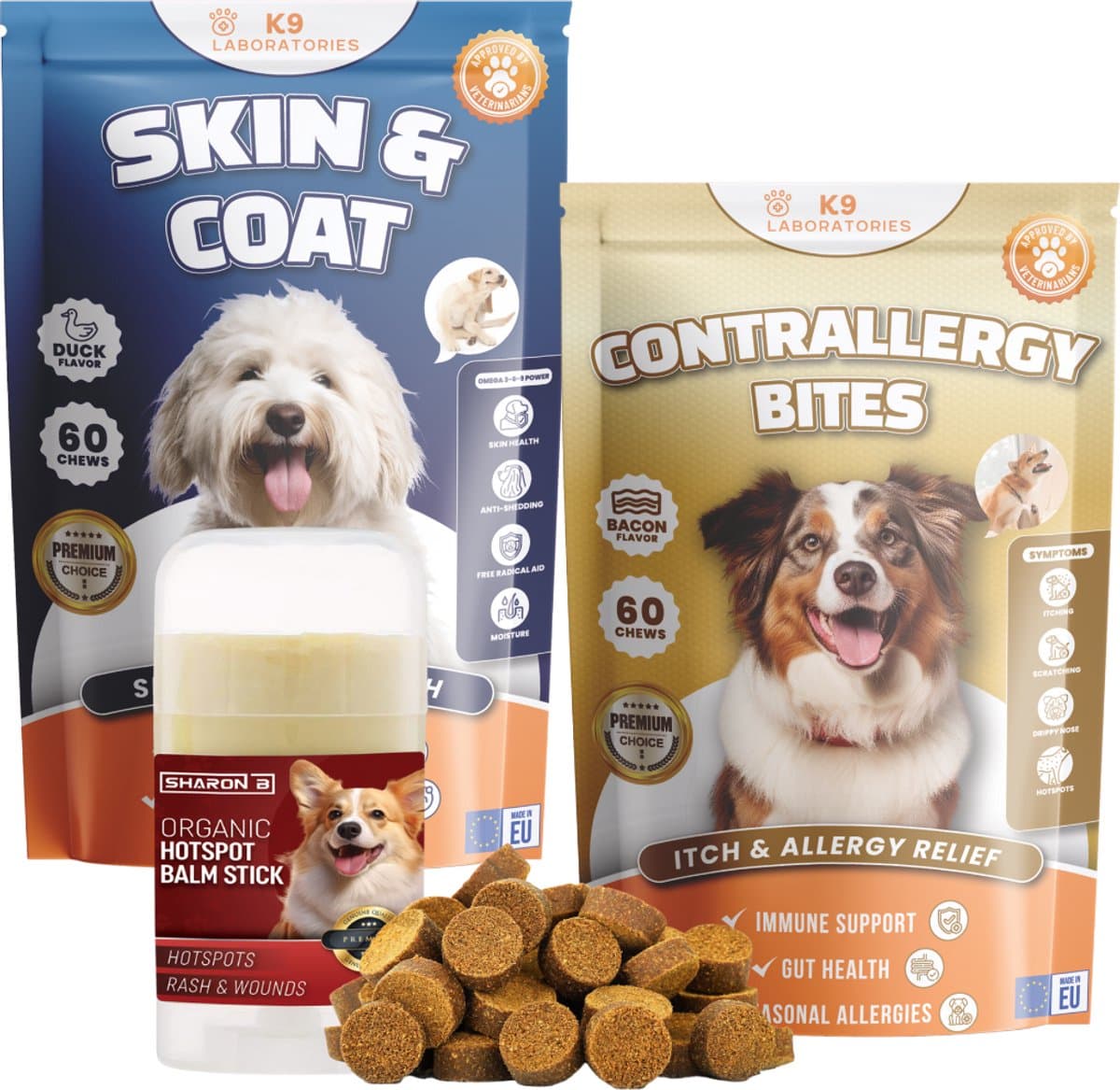 MEGA Anti-jeuk pakket Voor honden - Set van 3 - Tegen jeuk, pootjes likken, krabben aan oren - Bij allergie hond - Hotspots - Vachtverlies - Omgevingsallergie - Contact allergie - Pollen allergie - Vachtverzorging