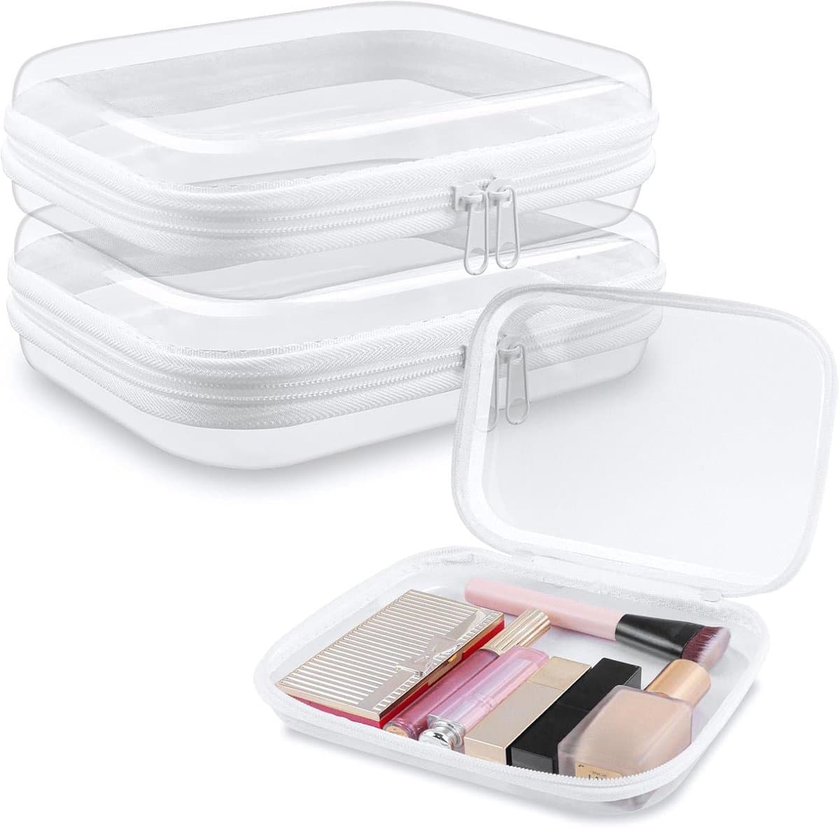 3 Pcs Clear Hard Storage Bag，Travel Toiletry Bags Double Zippers Clear Plastic Box Cosmetic Bag Toiletries Organizer for Makeup Tools Cosmetic Storage, Transparant，20*12*5cm