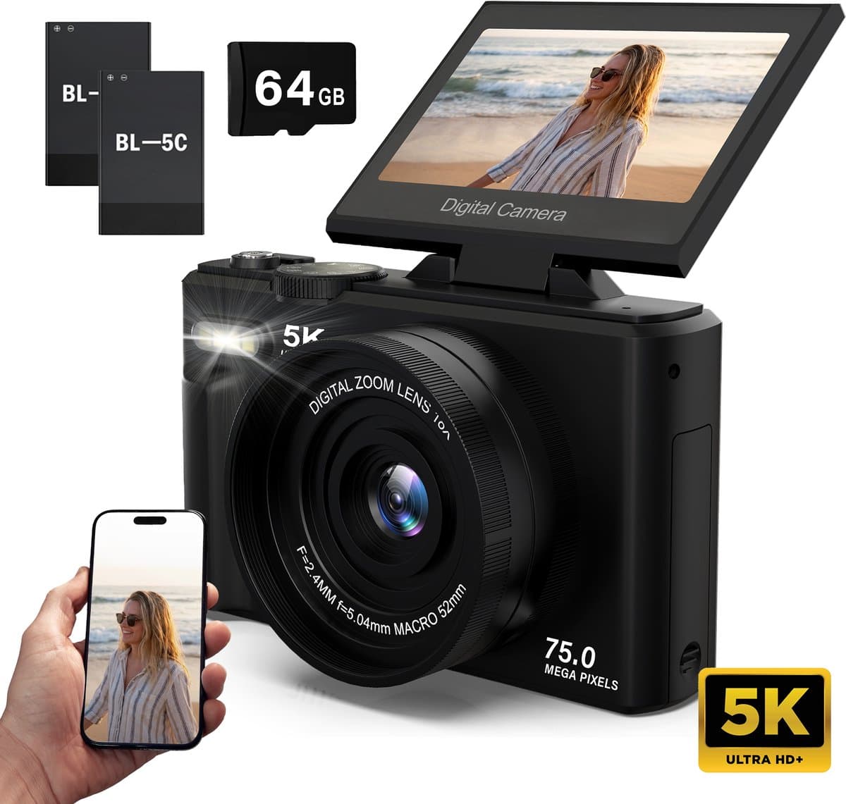 Nexino® Digitale Camera 5K - 75MP - Fototoestel - Compact Camera - Vlog Camera - Voor Kinderen - Wifi & App - Klapscherm - Incl. 64GB