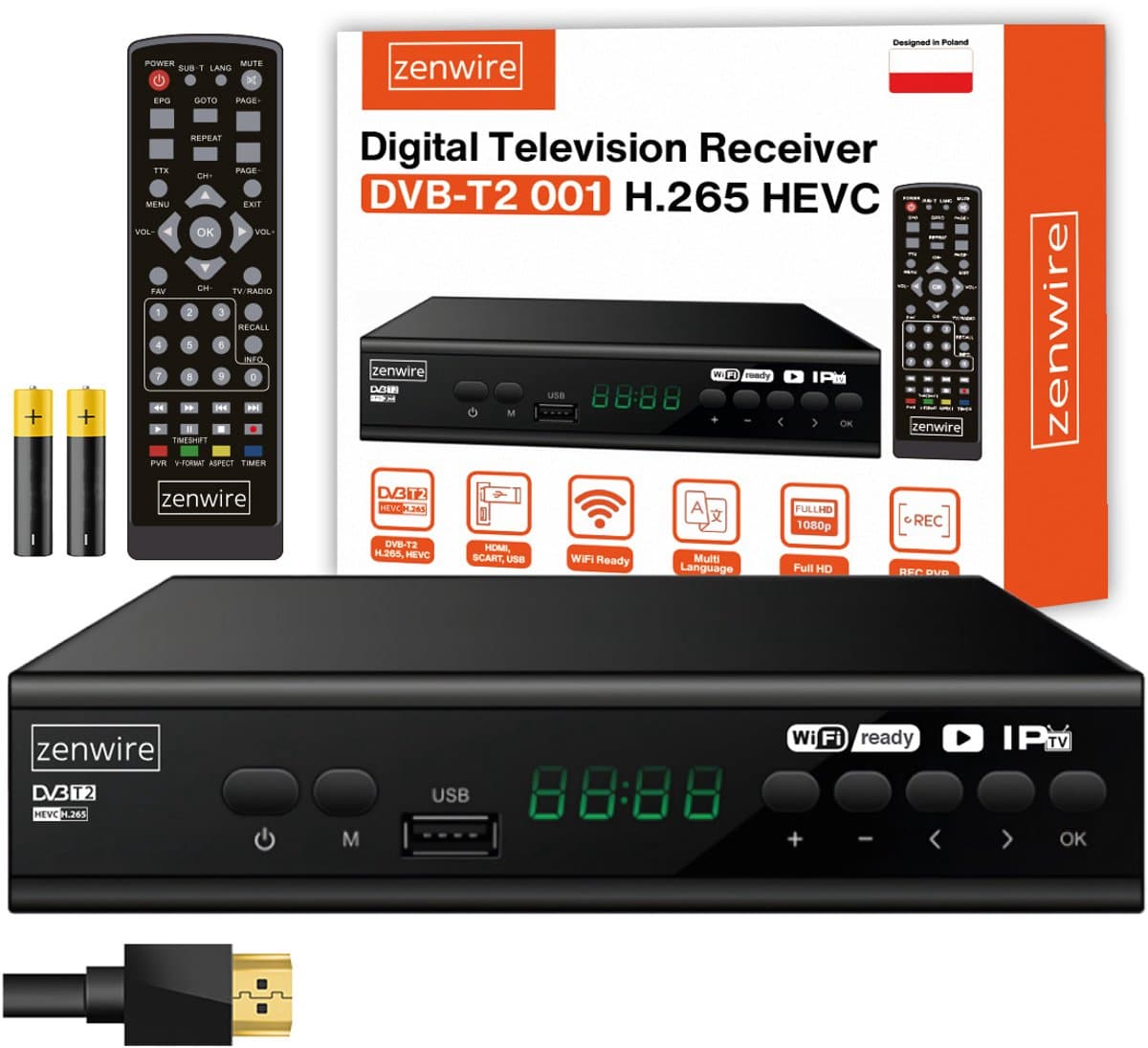 Zenwire DVB-T2 001 - Tuner DVB-T2 H.265 HEVC - Full HD - USB - HDMI - PVR - SCART (Euro-connector) - Afstandsbediening - Batterijen - Voeding - Satellietontvanger - TV-ontvanger