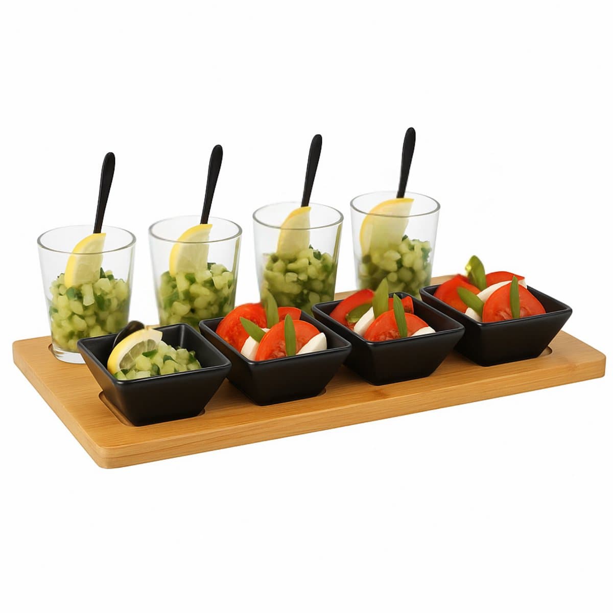 Lomera Bamboe Serveerplank - Tapas Serveerset - 13-delig - Keramieken Schaaltjes - Glaasjes Inbegrepen - Zwarte Lepeltjes - Tapas Serveren - Bamboe Materiaal - Party Set - Ideaal voor Hapjes