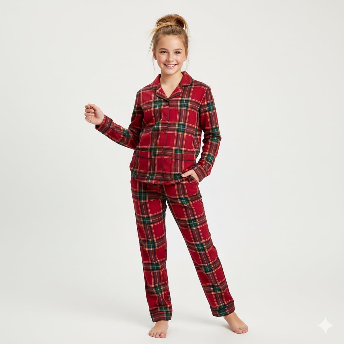 La-V Flanel pyjama set voor meisjes met geruit patroon Rood 164-170