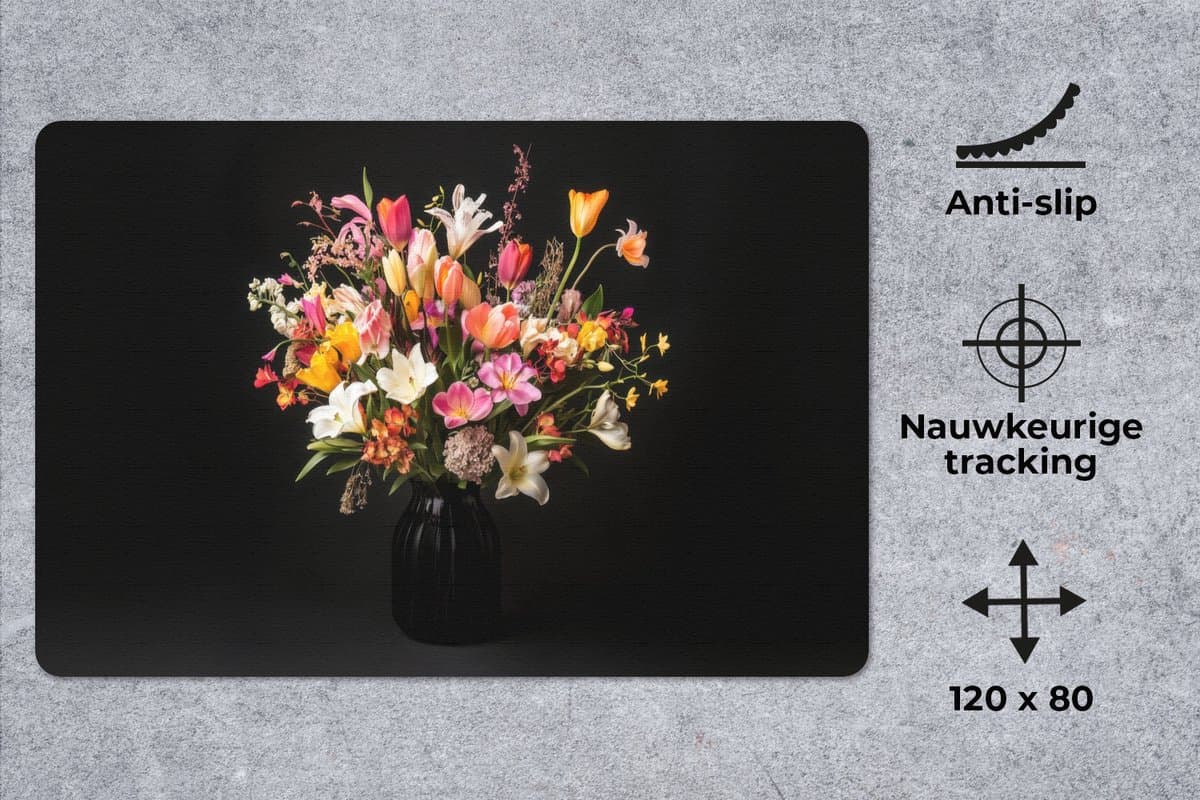 Muismat XXL 120x80 cm - Bureau onderlegger - Bureau mat Vaas - Bloemen - Tulpen - Bureaumat - Gaming mousepad xl - Bureaulegger groot - Computer deskmat