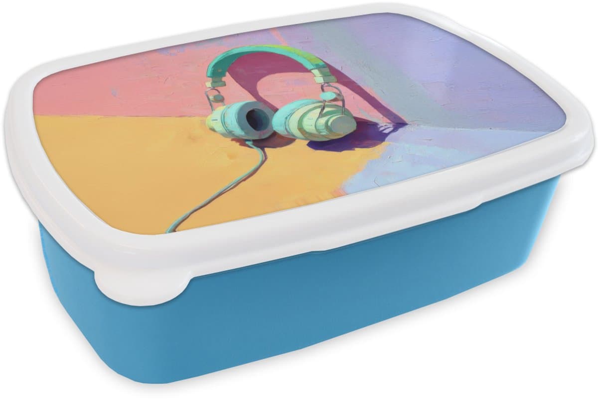 Broodtrommel Blauw - Lunchbox Koptelefoon - Mintgroen - Draad - Brooddoos 18x12x6 cm - Brood lunch box - Broodtrommels voor kinderen en volwassenen