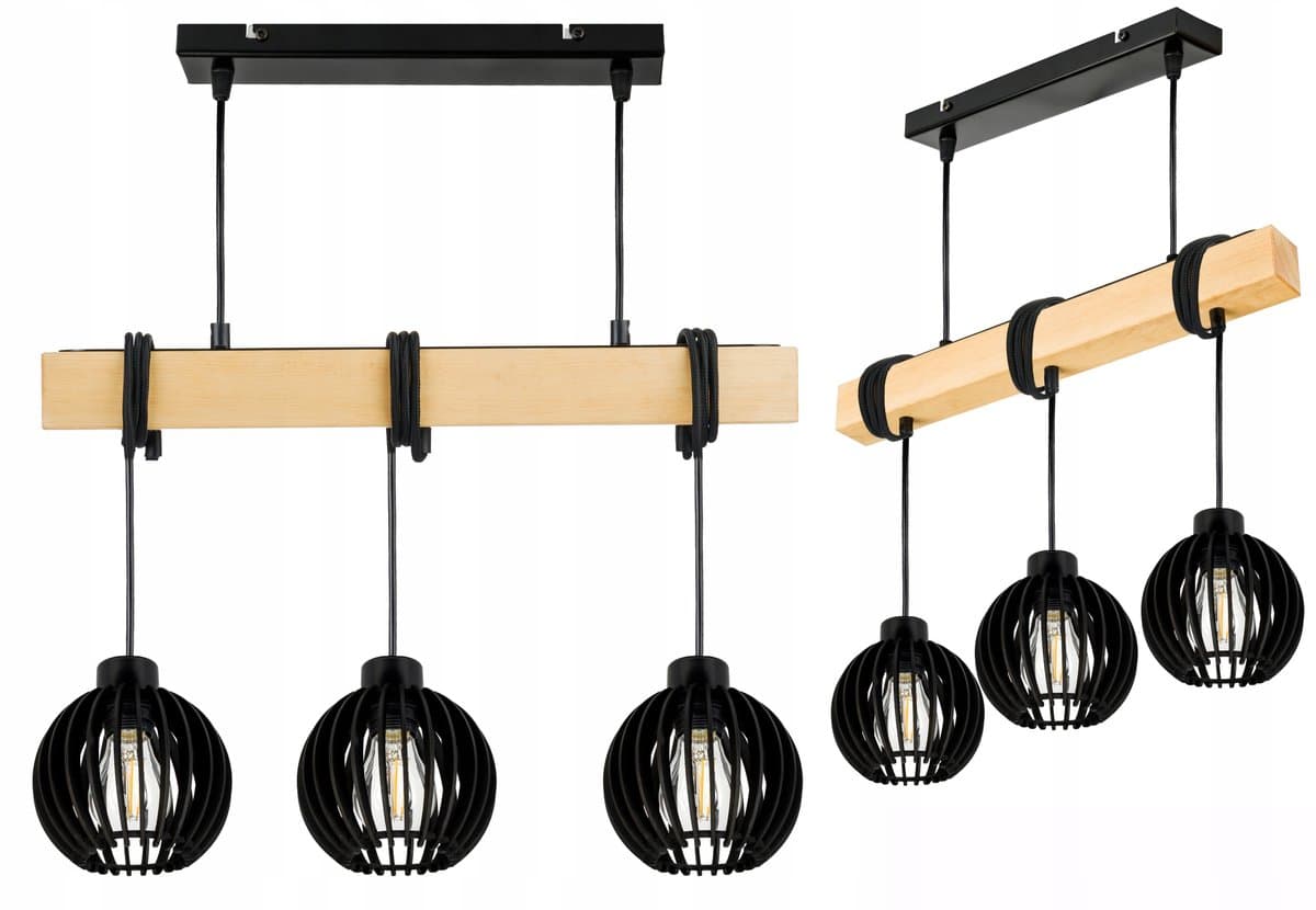 Loft Hanglamp Zwart Houten Balk E27 - 3 Kappen