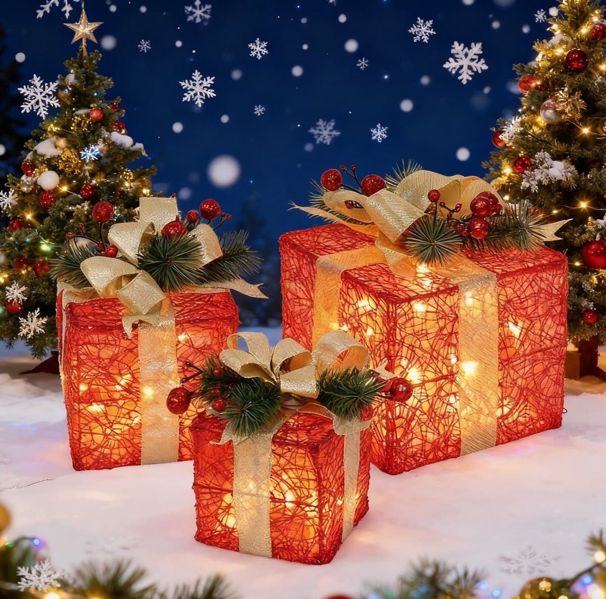 Meedeer Set van 3 verlichte geschenkdozen-Met LED kerstdecoratie pakjesverlichting-Decoratieve verlichting voor geschenkdozen-Verlichte deco cadeaudozen-kerstboomdecoratie voor binnen-Kerstmis, advent, winter, kerstboom, decoratie, verlichting(Rood)