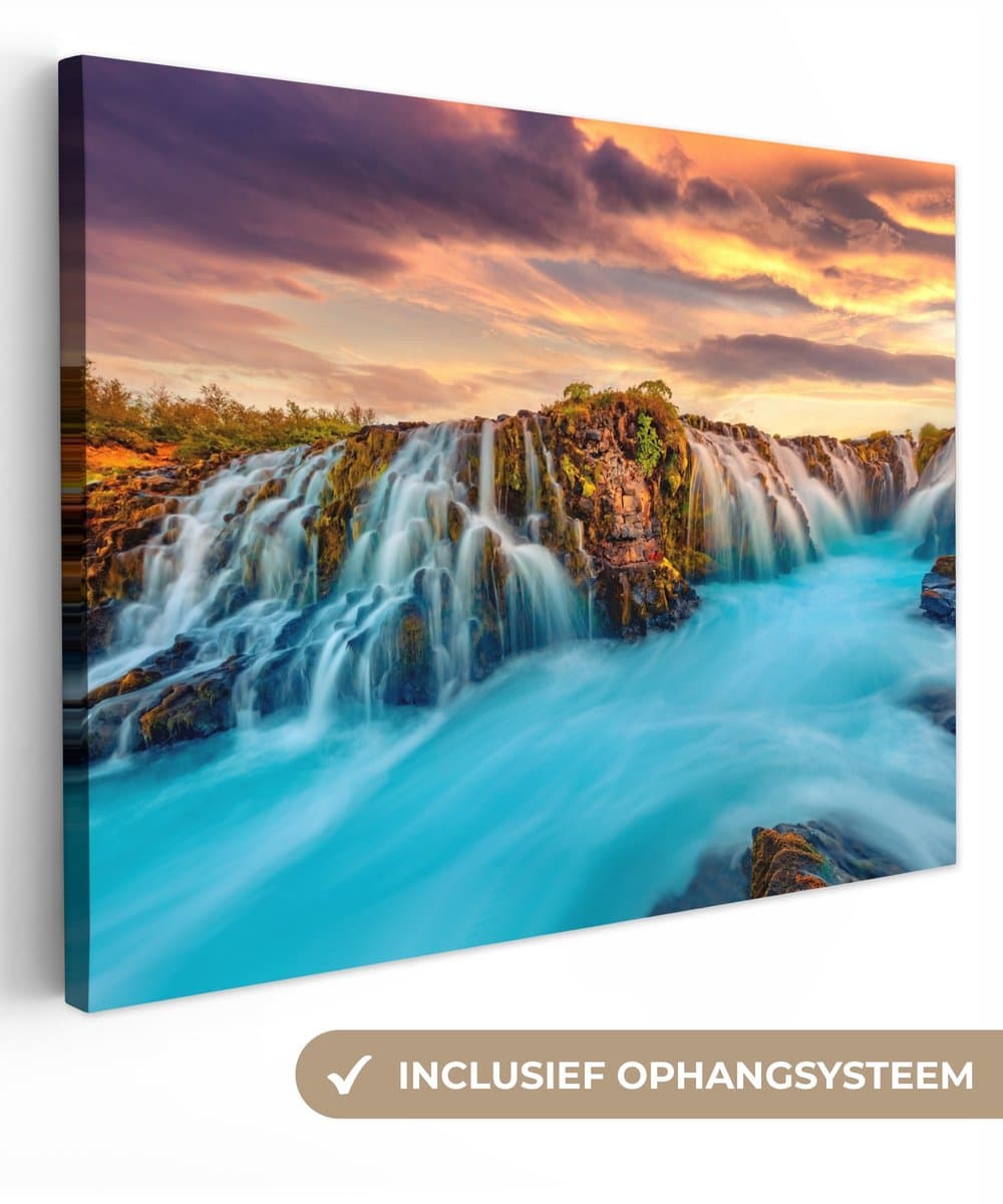 Canvas natuur - Watervallen - Zonsondergang - Landschap - Schilderij - Canvas - Canvas schilderijen woonkamer - 40x30 cm