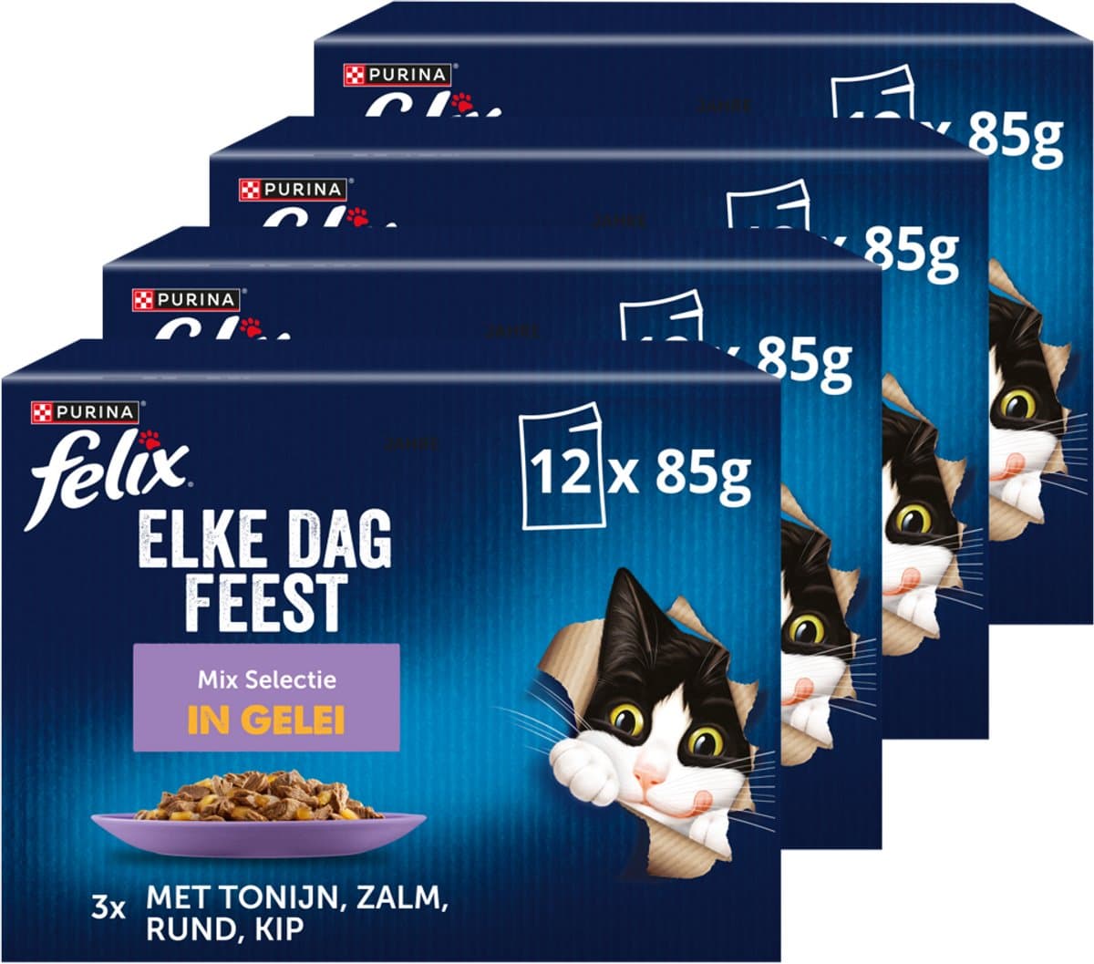 Felix Elke Dag Feest in Gelei Mix Selectie - Kattenvoer Natvoer - Tonijn Zalm Rund & Kip - 48 x 85 g