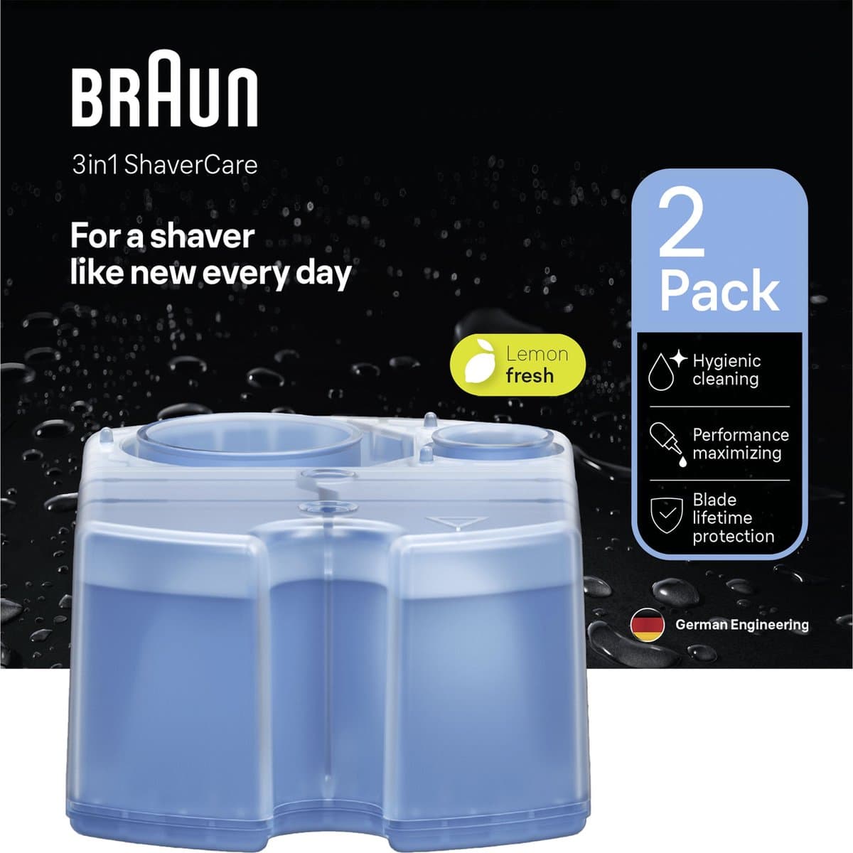 Braun 3-in-1 scheerapparaatverzorging reinigingscartridges voor reinigingsstations– origineel, reinigt scheermesjes 10 keer beter dan water, scheerhoofdreiniger, verwijdert haren en huiddeeltjes – pak van 2