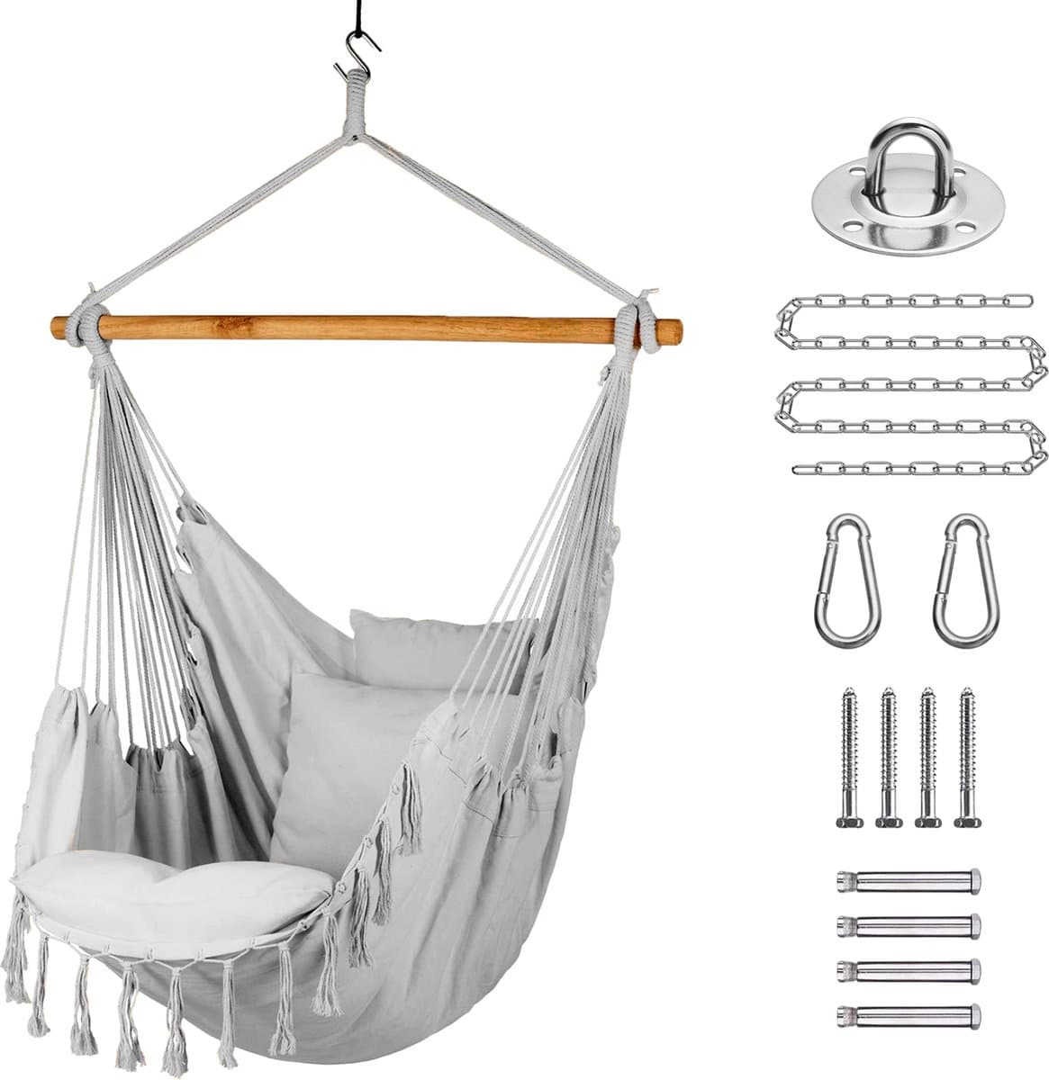 JAXY Hangstoel - Voor Binnen en Buiten - Inclusief Ophangsysteem - Hangnest - tot 150 kg - Incl. 2 Kussens en Boekenvak - Lichtgrijs