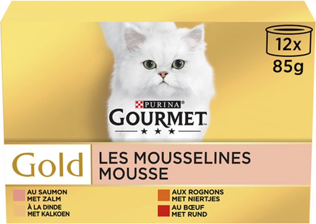 2x Purina Gourmet Gold Mousse 12x 85gr ( zalm, kalkoen, rund en niertjes)