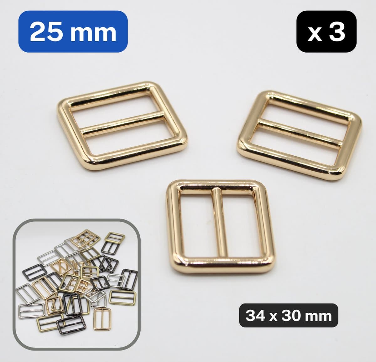 3 Stuks GESPEN, Binnenmaat Ceintuur 25MM, Buitenafmetingen 34x30MM, Kleur GOUD