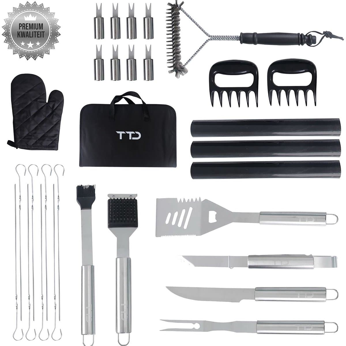 TTD® Premium BBQ Accesoires Set 30-delig - BBQ Gereedschapset RVS - Barbecue Accessoires - BBQ Tang - BBQ Spatel - Met BBQ Handschoenen en Schoonmaak Borstel - Inclusief Opbergtas